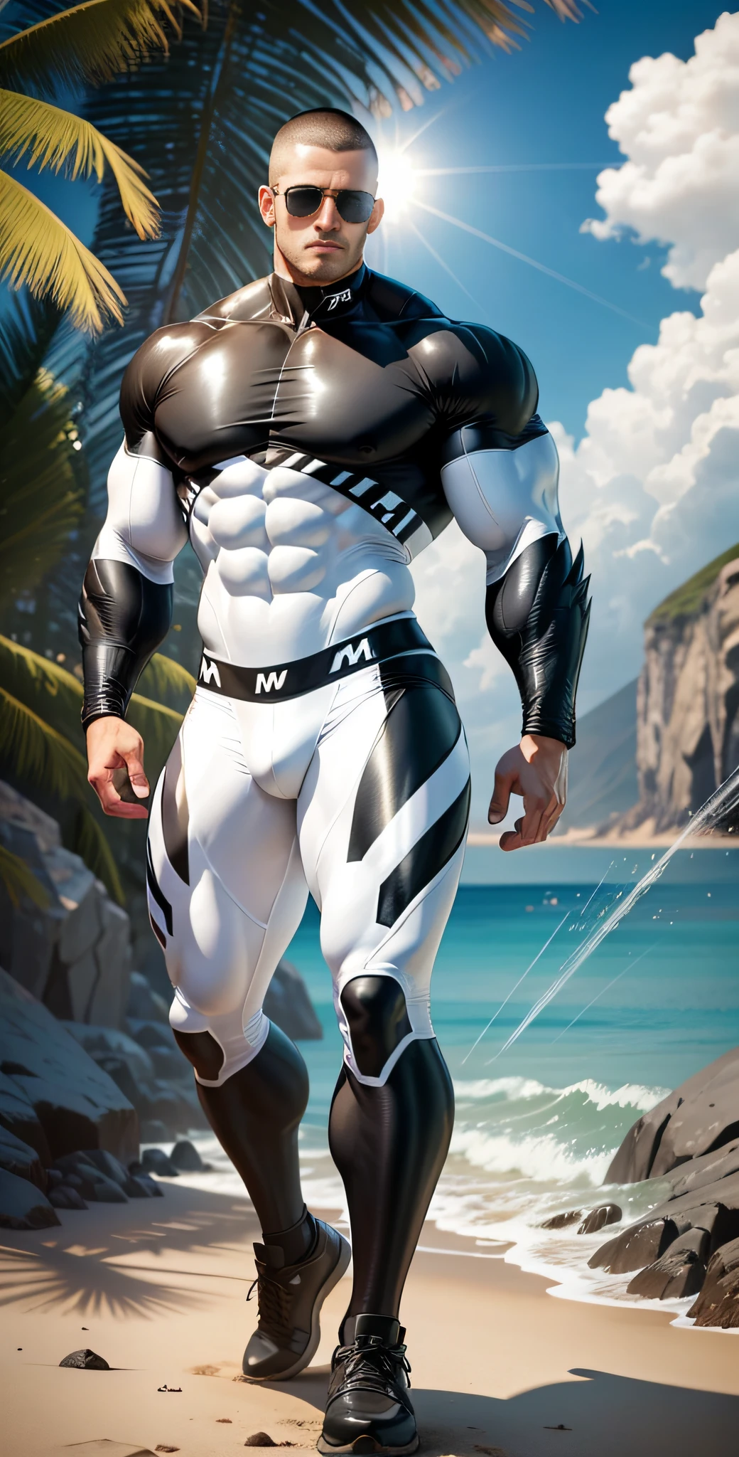 Allad man in white and black clothes standing on the sunny seashore, American round head, Buzz Cut, tall and burly, muscular male hero, heroic male pose, muscular! Wearing black sunglasses, spandex tight high elastic bodysuit, symmetrical floral design, super buff and cool, high resolution committee, character design police, black military boots, attractive strong male with spandex tight high elastic bodysuit, weaving hot sunlight on the body