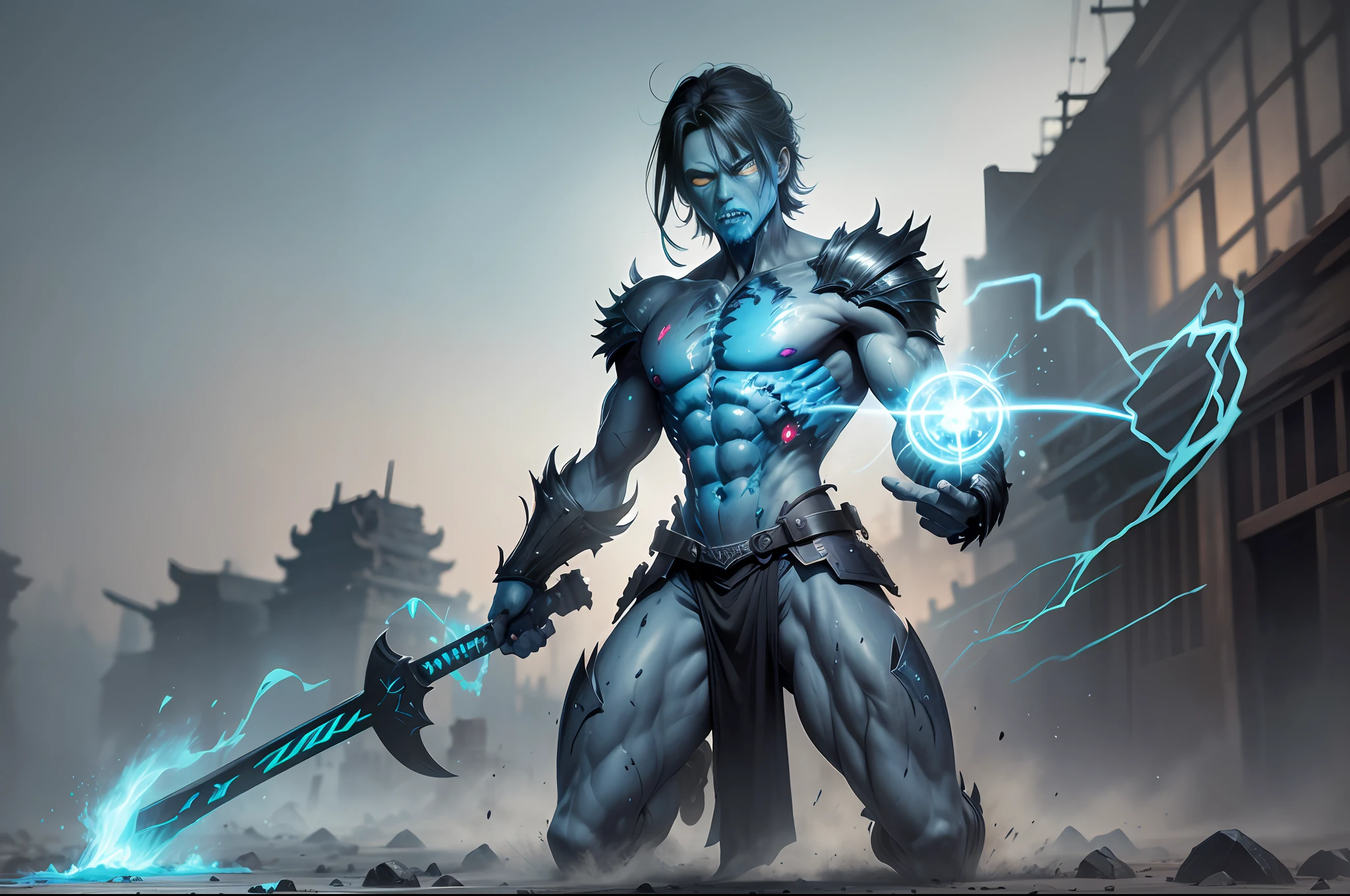 (Zombie: 1.2, body decayed), blue and black lightning effect particles emitted on the body, on the ancient battlefield, the border of the Qin country as the background, full body, ultra-wide angle, clear HD, 8K resolution, digital painting, concept art, Shinkai Makoto style, POP trend, Pixiv hot trend.