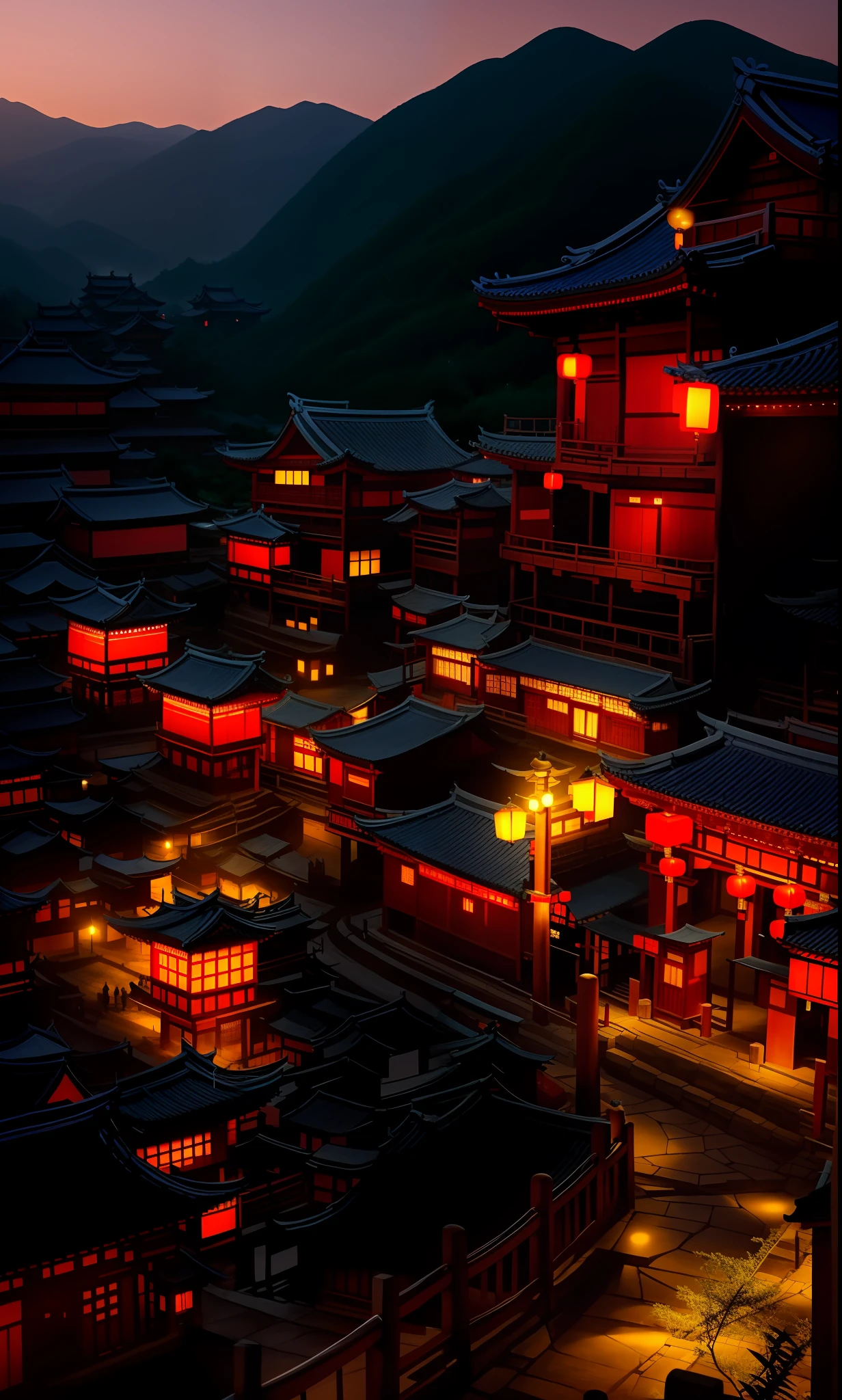 arafed view of a chinese village at night with a lot of lights, dreamy chinese town, ancient chinese architecture, cyberpunk chinese ancient castle, chinese architecture, japanese town, japanese city, chinese village, beautiful render of tang dynasty, japanese city at night, ancient japanese architecture, like jiufen, chinese style, andreas rocha style, japanese village