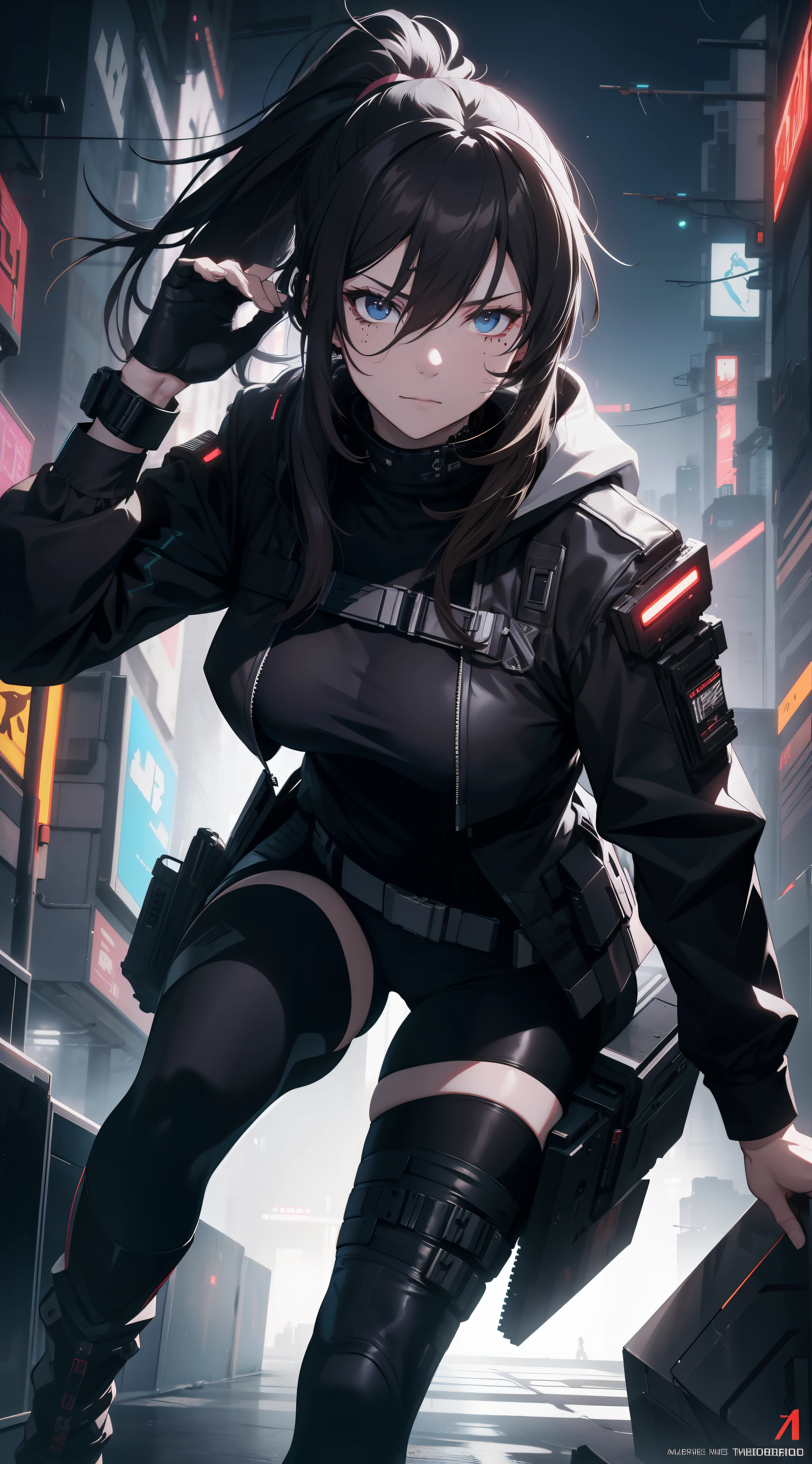 Long hair, cyberpunk, exposed, brunette hair, high ponytail, black tech tights, tactical mask, tear mole, anime, anime style, chiaroscuro, 8k, super detail, ccurate, best quality, UHD