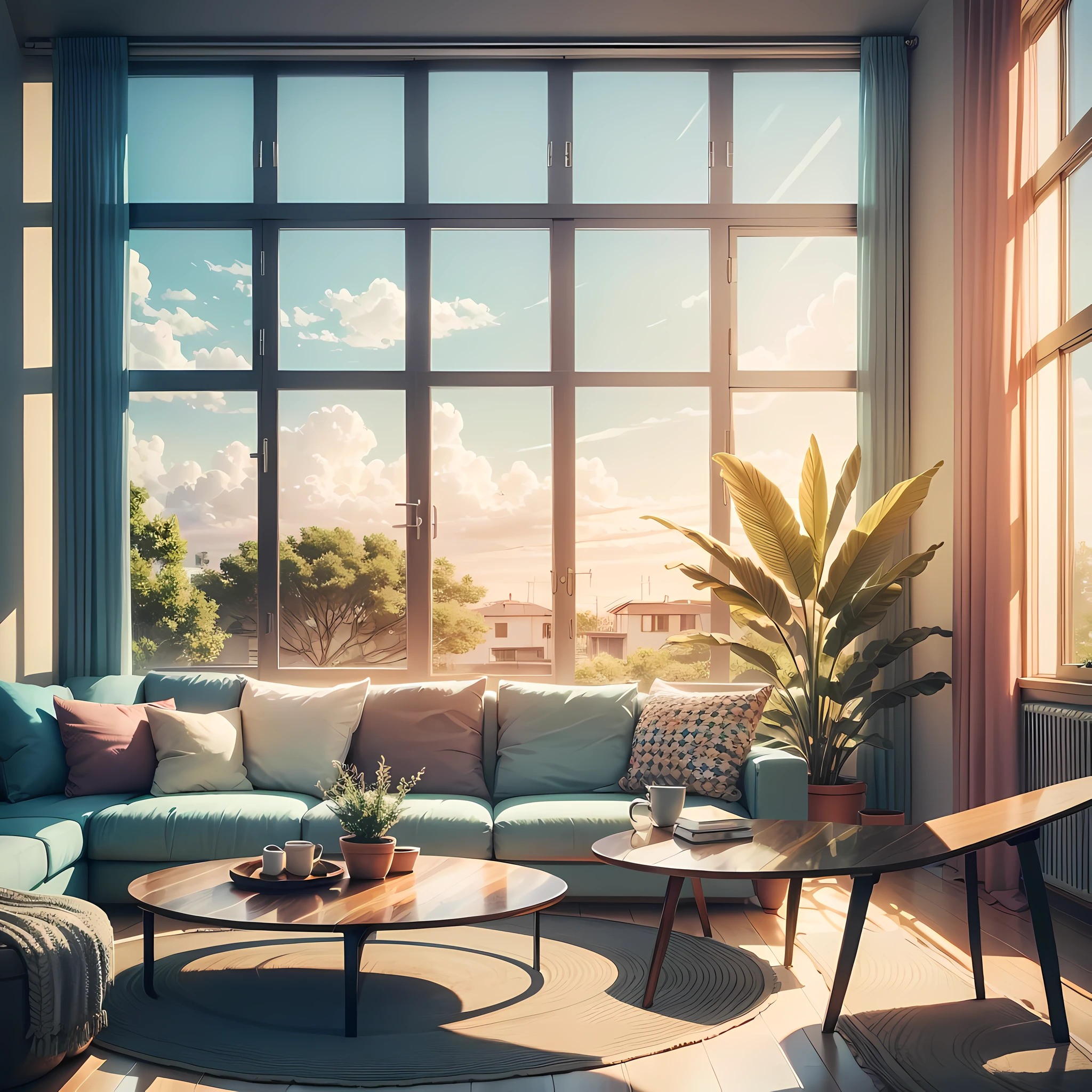 Spacious living room, sunny afternoon, cozy home, 2d illustration rendering --auto --s2