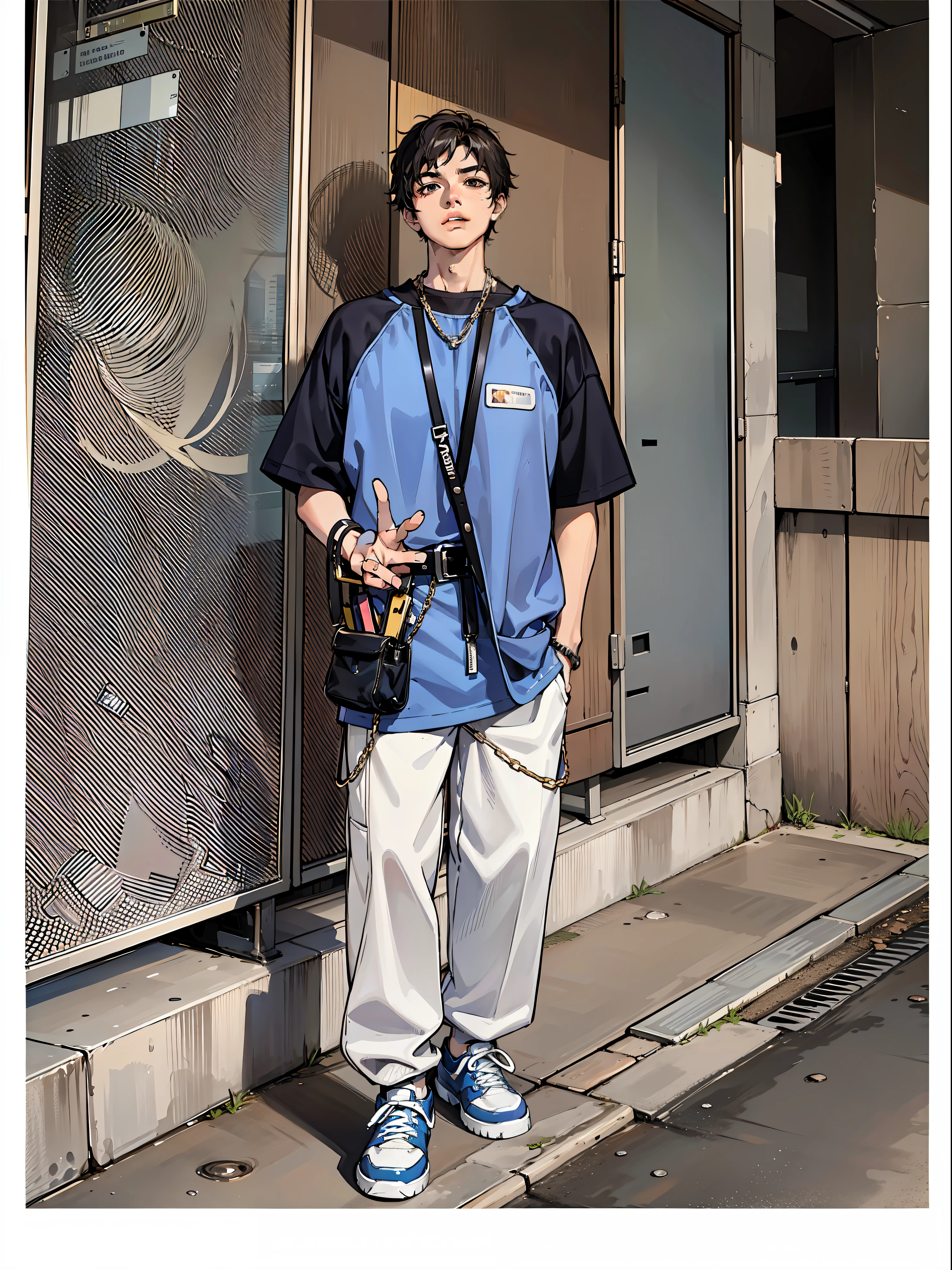 boy, vertical painting, natural light, global light, front view, fashion, pattern, fashion, trendy brand, tank top, cool, suspenders, zippers, buttons, pattern, logo, pleats, jeans, belt, sophisticated, sequins, sparkle, generate more details, t-shirt, trousers, handbag, shiny,, modern, anime style, anime, modern, futuristic, first-person perspective, panorama, concept art, uhd, masterpiece, ccurate, super detail, high detail, high quality, best quality, High resolution, no background, white background
