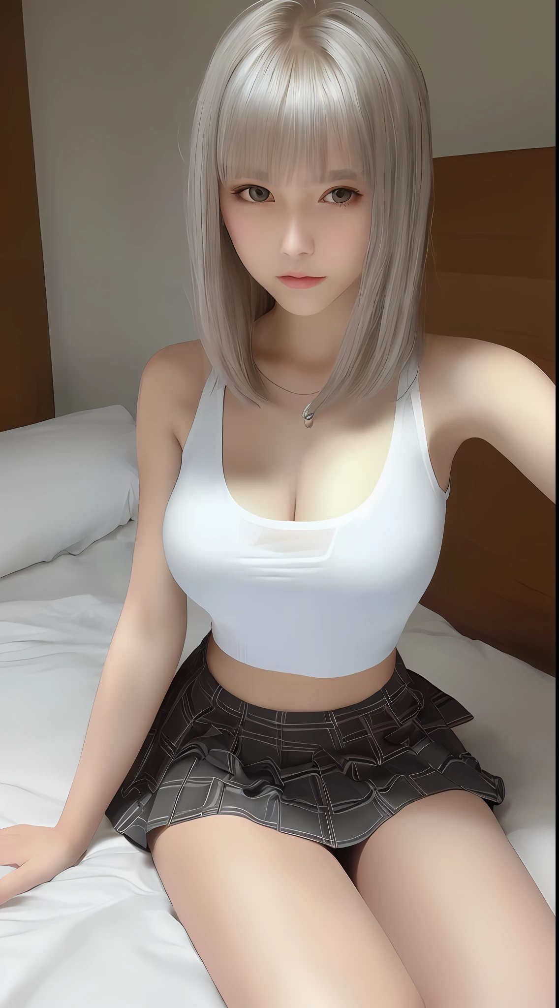 Best quality, super detail, masterpiece, fine detail, high resolution, portrait, 8k wallpaper, realistic details, clothing details, skin details, detailed eyes, photoshop \ (medium \), slim body, 1 girl, 20 years old, beautiful eyes, bare skin, well-formed face, bangs, silver long hair, dull bangs, huge, wearing a white, thin and thin tank top, (pleasant look), lying in bed, Lying down, wearing a checked skirt, short hair, legs spread in an M shape, knees open outward, cleavage visible, white underwear visible through the skirt
