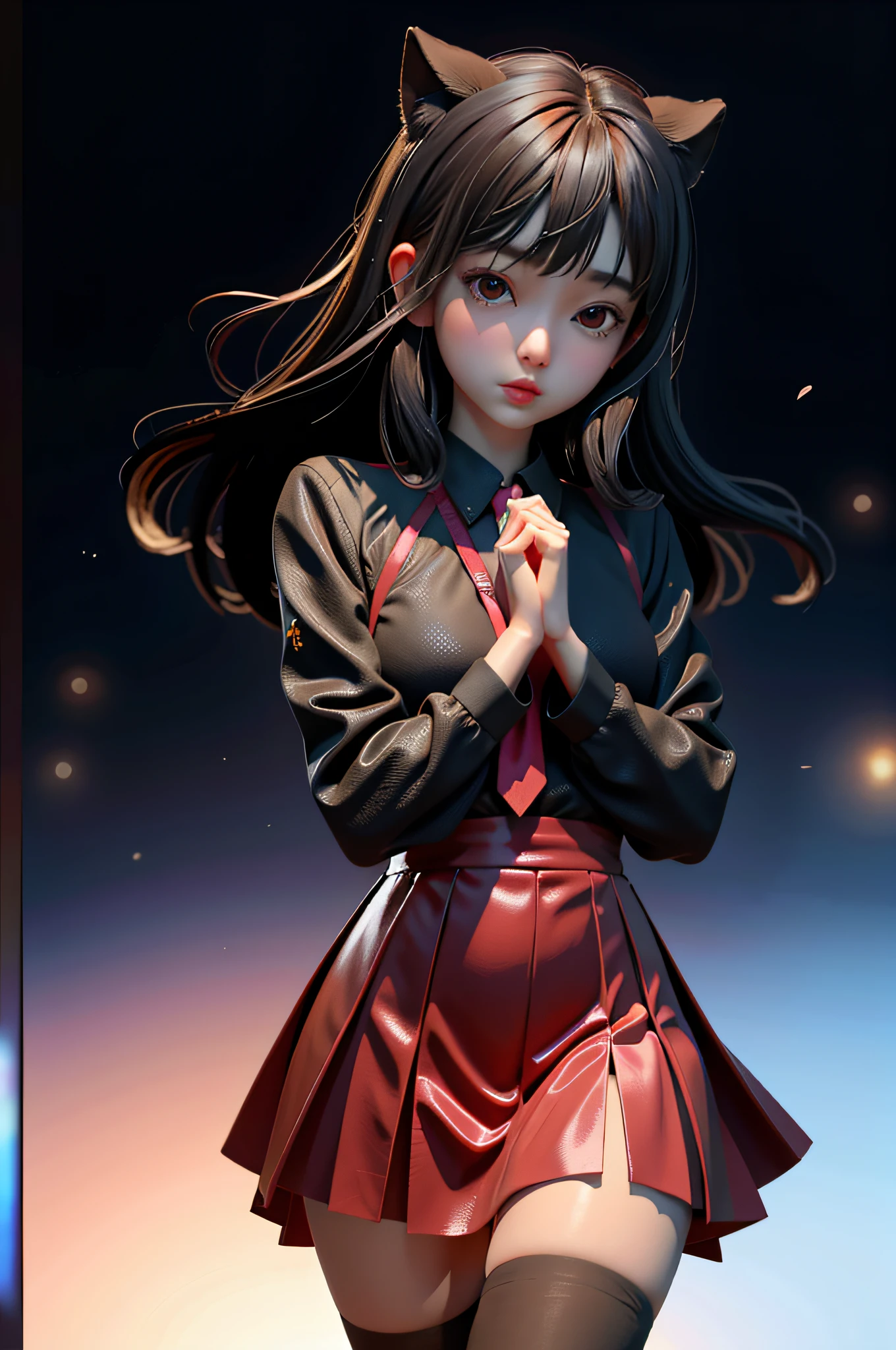 最佳质量，超高分辨率，（逼真度：1.4），1girl，black_legwear，head_out_of_frame，holding_hands，interlocked_fingers，necktie，own_hands_clasped，own_hands_together，格子，格子领带，格子裙，校服，短袖，simple_background，裙子，长筒袜，unmoving_pattern，v_arms，solo