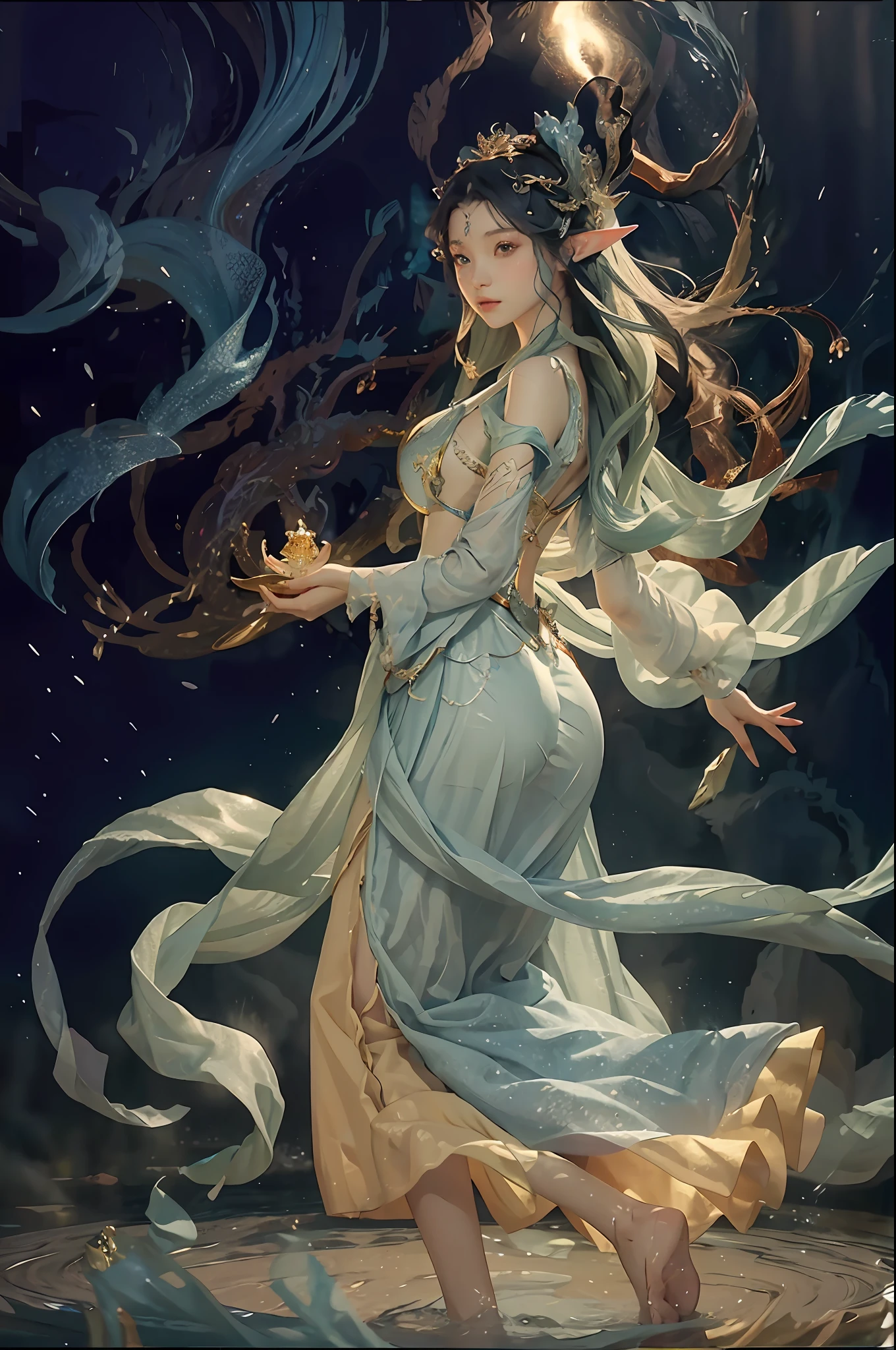 (Masterpiece, Best Quality, Best, Official Art, Fine Aesthetics, Long Exposure: 1.2), Smooth Movement, Glamorous Pattern, 1 Girl, (None: 1.4), (Long Skirt with Sleeves: 1.3), Long Blue Dress, (Small Tits: 1.2), Daughter of the Sea Dragon King (Crystal AI, Crystal Theme: 1.1), Elemental Water Elf, Spin Water, Water Control, Diamond Clothes, Sexy Pose, Black T-Back Ass Protruding, Particles in the Air, Aether Dynamics, Water, Steam, Background Sea, Blue, Coast , ethereal atmosphere,