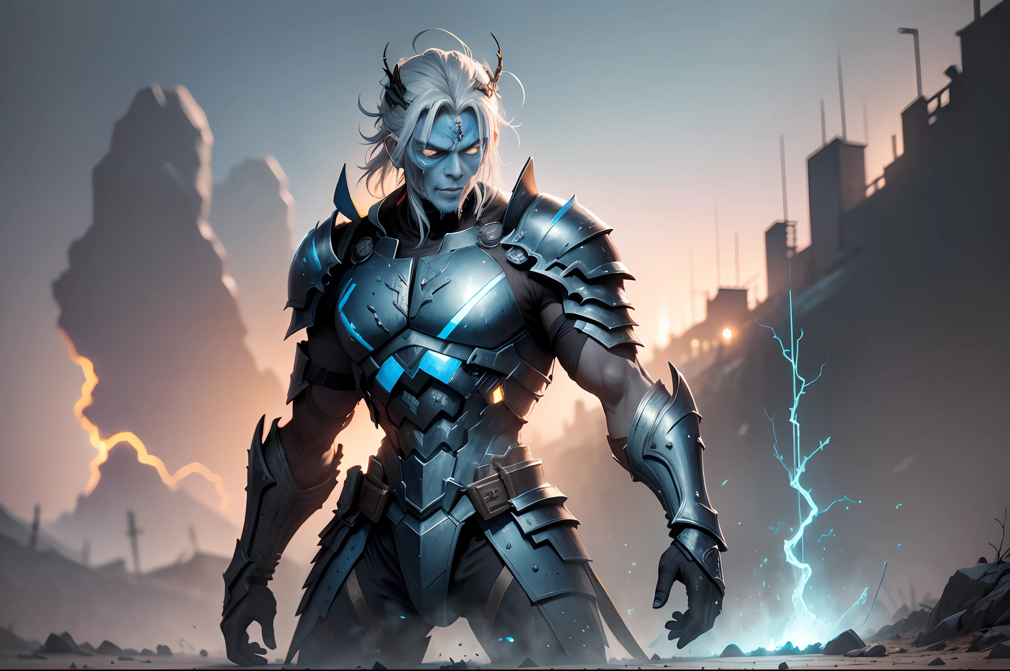 (Zombie wearing ancient soldier armor: 1.2, body decayed), body emitting blue and black lightning effect particles, on the ancient battlefield, Qin State border as the background, full body, ultra-wide angle, clear HD, 8K resolution, digital painting, concept art, Shinkai Makoto style, POP trend, Pixiv hot trend.