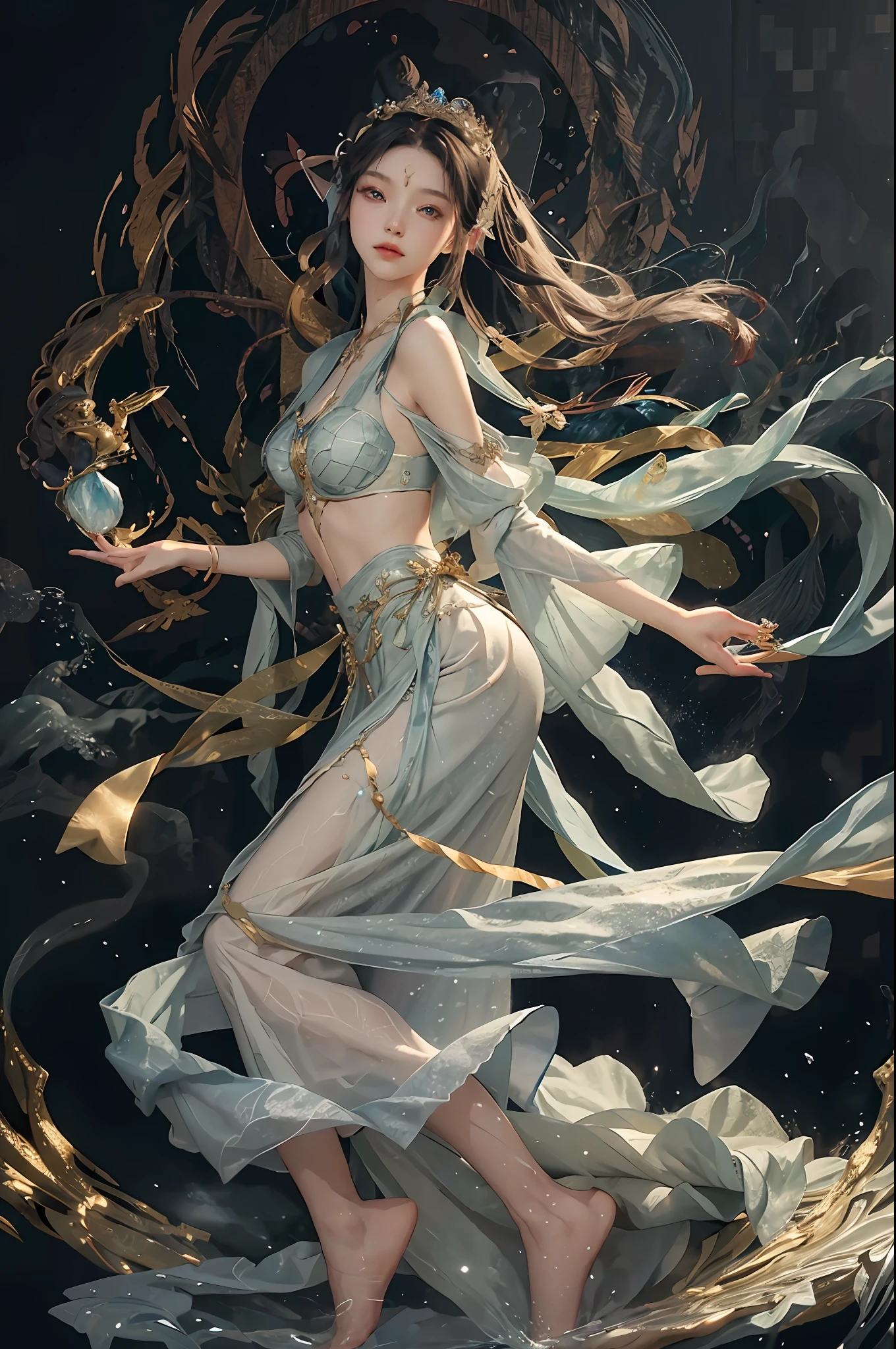(Masterpiece, Best Quality, Best, Official Art, Fine Aesthetics, Long Exposure: 1.2), Smooth Movement, Glamorous Pattern, 1 Girl, (None: 1.4), (Long Skirt with Sleeves: 1.3), Long Blue Dress, (Small Tits: 1.2), Daughter of the Sea Dragon King (Crystal AI, Crystal Theme: 1.1), Elemental Water Elf, Spin Water, Water Control, Diamond Clothes, Sexy Pose, Black T-Back Ass Protruding, Particles in the Air, Aether Dynamics, Water, Steam, Background Sea, Blue, Coast , ethereal atmosphere,