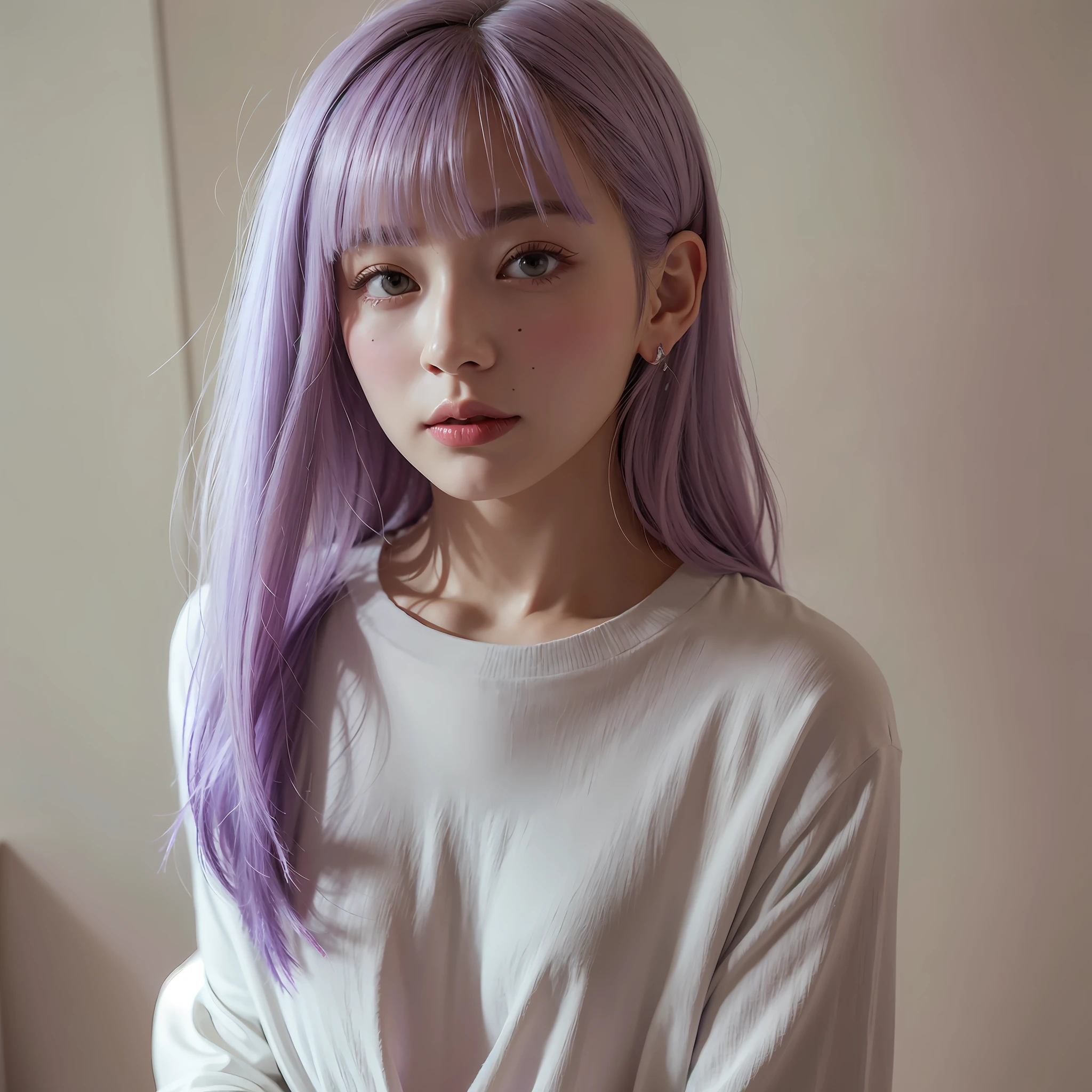 Ala Fed woman with purple hair and white shirt in front of wall of da Vinci notes, Japan woman, 20 year old woman, 20 year old woman in Japan, soft portrait shot 8k, color portrait, portrait of woman purple hair, 8k portrait rendering, girl with lilac hair, short gray hair, white princess cut hairstyle, realism style, portrait of young woman, lavender hair, color photo portrait 4k, intelligent girl portrait, high quality, realism, realistic, photography, masterpiece --auto --s2