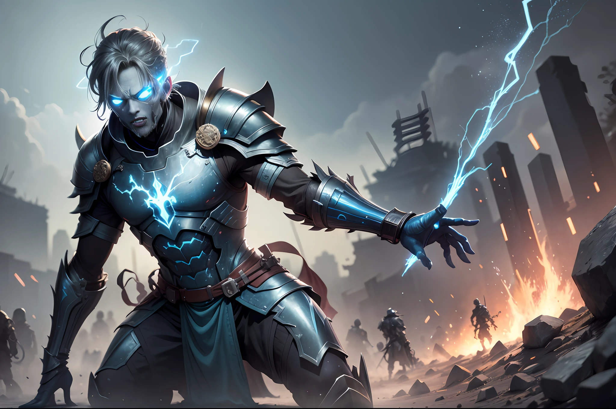 (Zombies wearing ancient soldier armor: 1.2, body decayed), blue and black lightning light effect particles emitted on the body, (background of ancient battlefield on the border of Qin Kingdom: 1.1), full body, ultra-wide angle, clear HD, 8K resolution, digital painting, concept art, Shinkai Makoto style, POP trend, Pixiv hot trend.