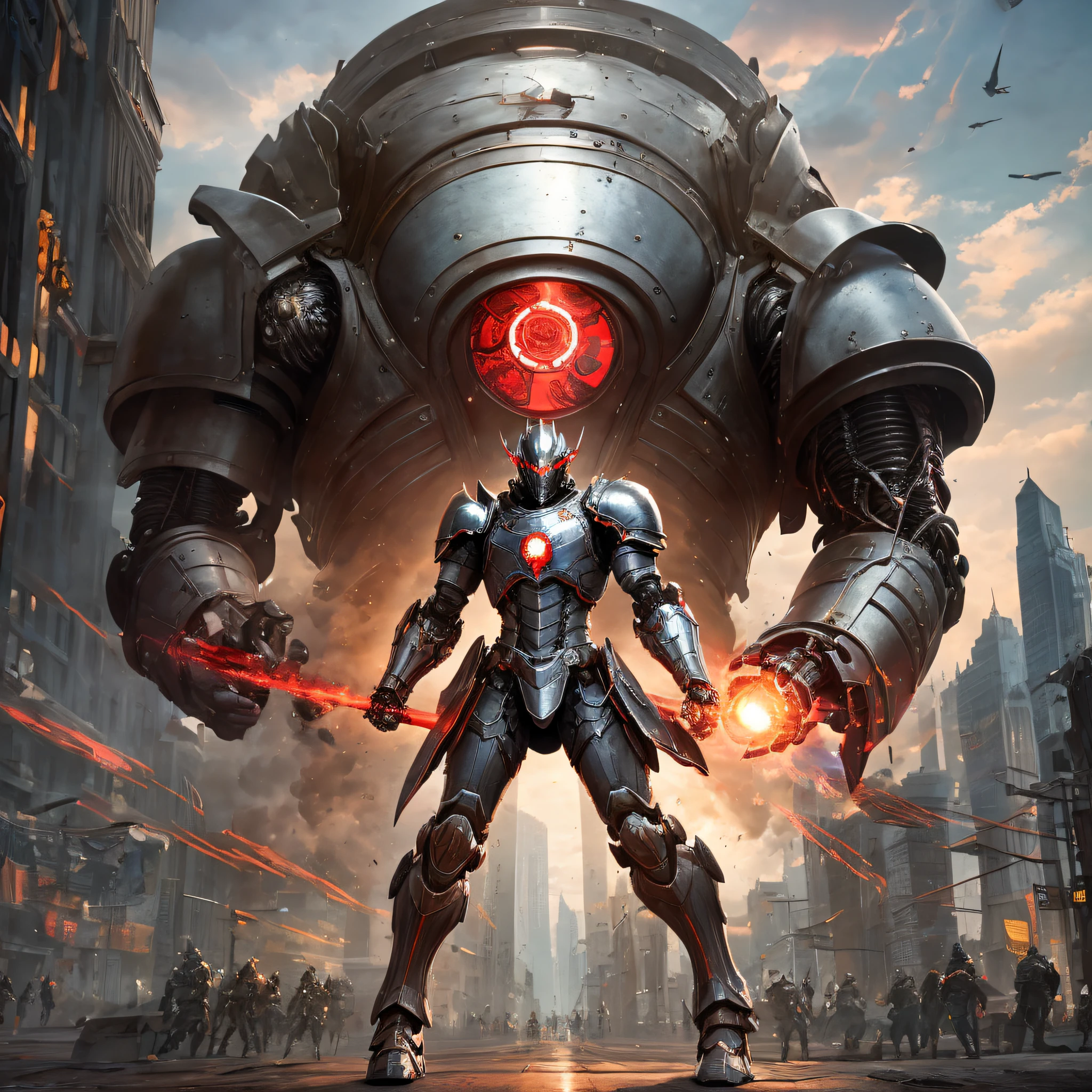 Appearance: the real appearance of Chronos and that of a colossal robot with a red glass dome in place of the head, its arms are anatomically disproportionate and long reaching its ankles, in addition the right arm is thicker and more massive than the other with a large hand containing 3 fingers. He has several notches written on metal plates across his body and constantly releases steam and smoke through the cracks in the iron plates of his body, his legs are thick and end in fingerless feet. His abdomen is similar to a plate armor. --auto --s2