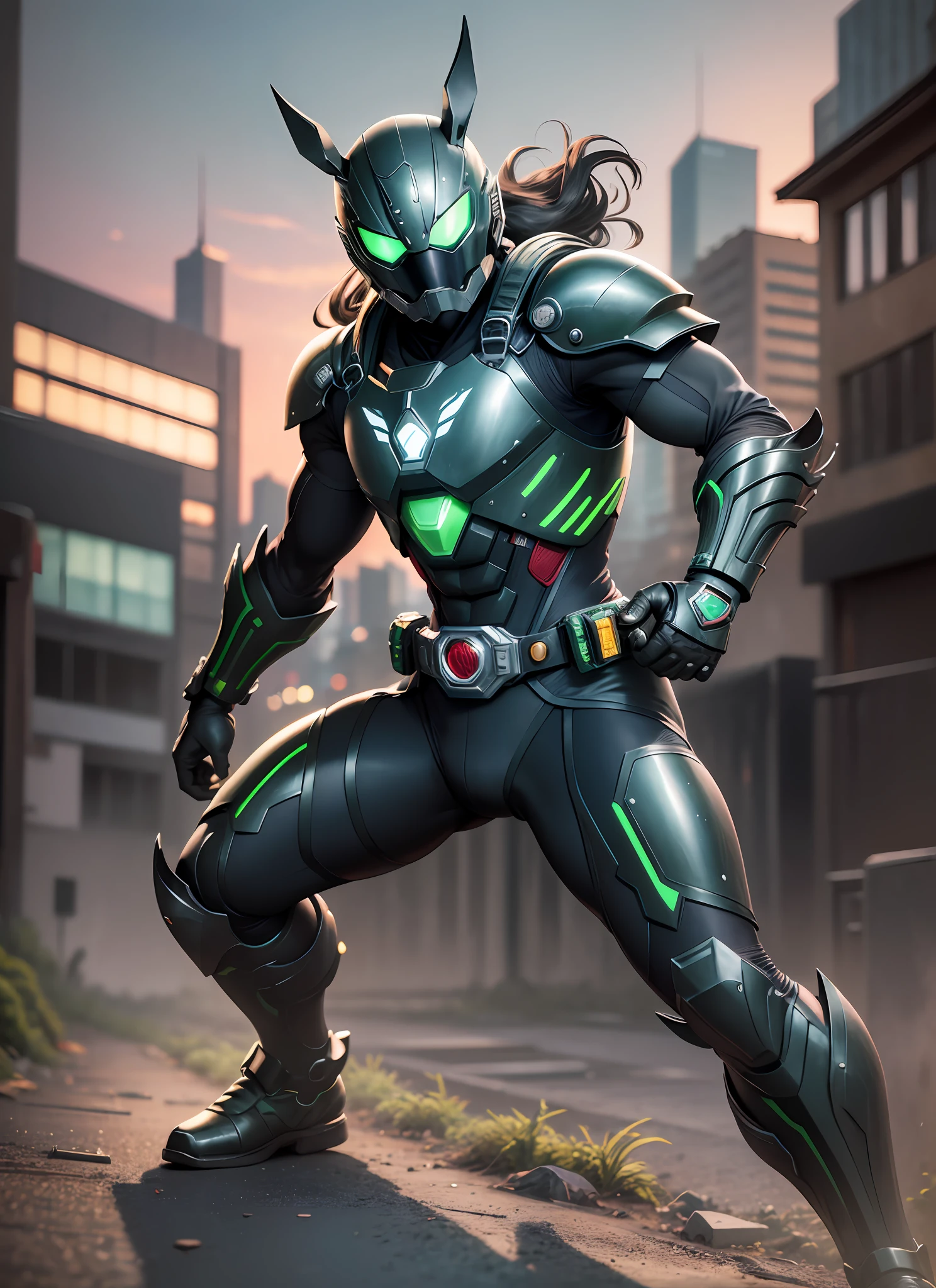 (SFW), 8k, RAW photos, FUJIFILM Eterna style photos, (dark: 1.4), (backlit photos: 1.4), (viewers: 1.2), buildings street, landscape, full body, (Kamen Rider: 1.1), grasshopper mask, neon eye multi-colored (green, exo suit: 1.2), armor (belts and gauntlets: 1.1), outdoor, combat stance, (very detailed :1.4), Blake by Shotaro Ishinomori, Toei, Alyssa Monks, Annie Swinnerton, Beatrix Potter, Andrea Mantegna, Marco Mazzoni, Sarah Wolfalk, Carlos Cruz Diez, Saturno Bhutto , John Toteleben --auto --s2