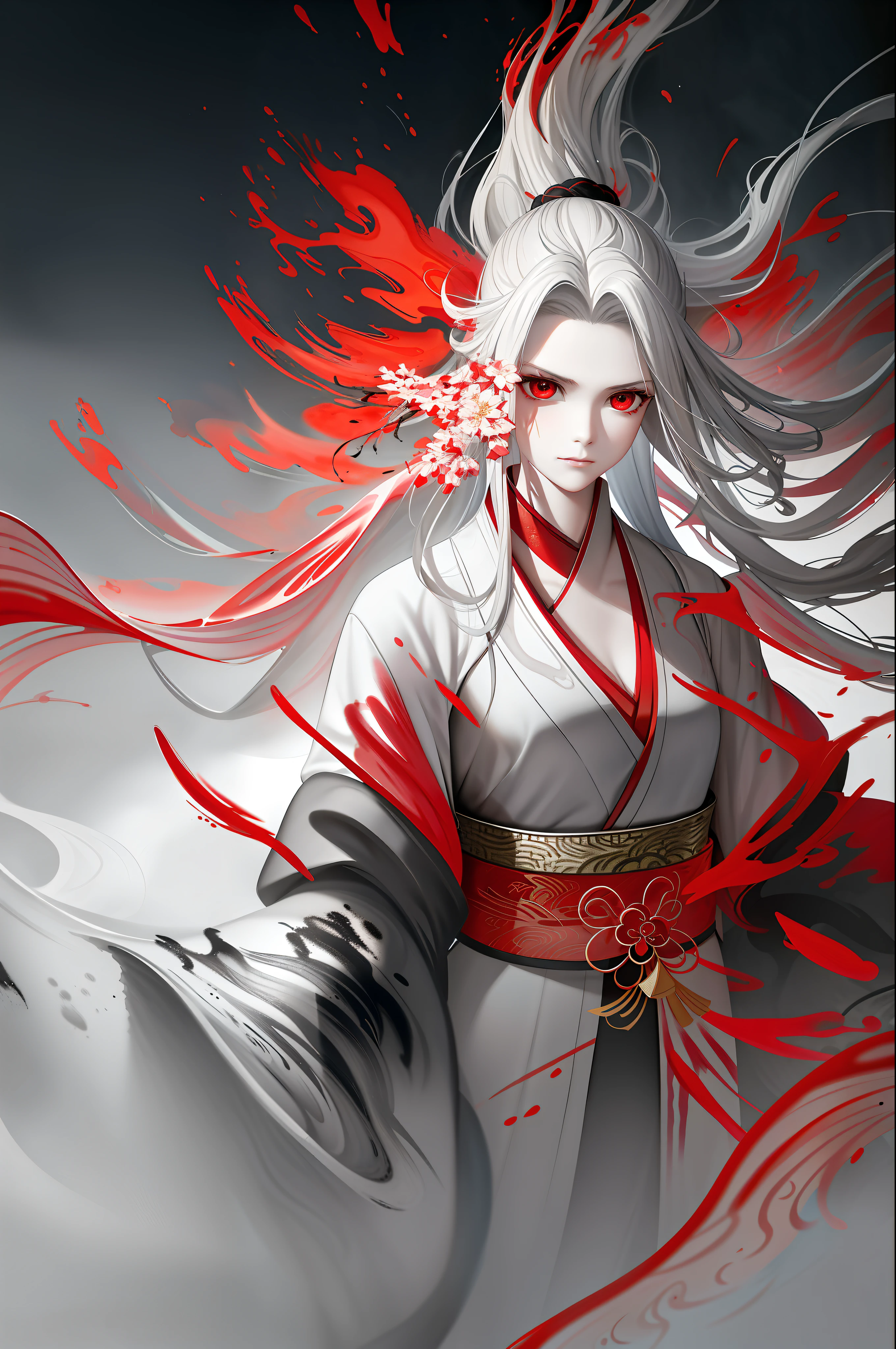 ((Best Quality)), ((Masterpiece)), (High Resolution), Original, Extremely Detailed 8K Wallpaper, [An extremely delicate beautiful girl with long white hair, dress, scarf, feathers and yes (Heroic Battle: 1.3)], (Beautiful Detailed Red Eyes), World Masterpiece Theater, Beautiful Detailed Garden, Fluttering Detailed Petals, Growing, Melting, Abstract, [A girl with short hair and long hair, small breasts, messy hair, red eyes, long sleeves, Taoist robes, Oversized clothes are melting and splashing], splashing, hyperdetail, backlight, sand, water, black background, dust, water splash, ((((ink painting style)))), (((Chinese brush painting)))),, darker than black, darker than dark, I want my crimson mixture, The moment of awakening has arrived, Fall into the invulnerable border, Appear in a twist of lost work, dance and dance, I will collapse from the torrent of my power, an unparalleled collapse, all that is also reduced to ashes, from the abyss, This is the most powerful attack method of mankind, this is the ultimate attack magic, explosion!