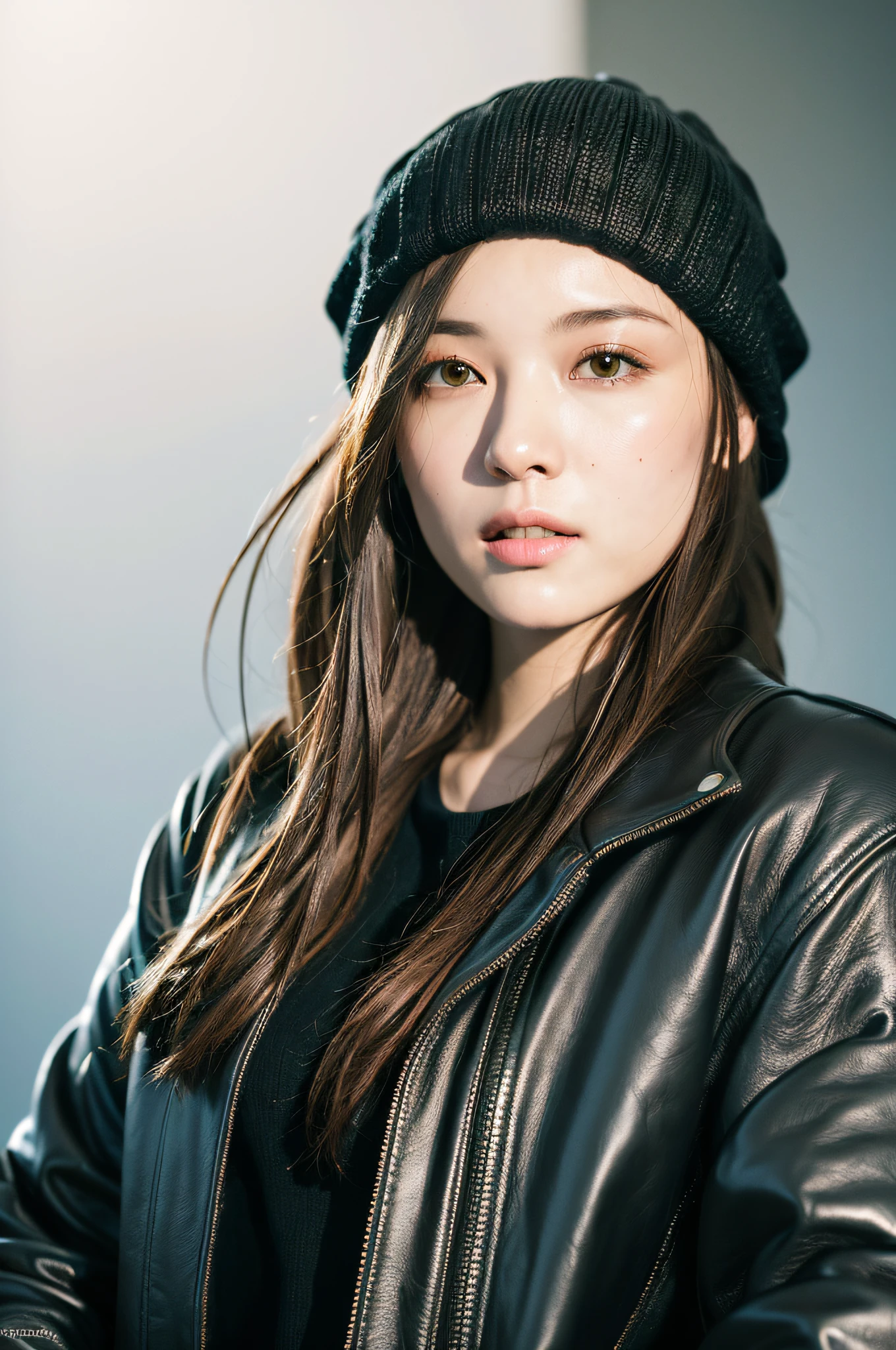 (
(8k:1.27), best quality, masterpiece, ultra highres:1.2) Photo of Pretty Japanese woman
 (beautiful:1.1) (sci-fi warrior woman:1.1) space soldier, (beanie:1.61) (leather jacket:1.21) intricate elegant, fantasy, detailed, ometric by greg rutkowski and alphonse mucha, gradient lighting