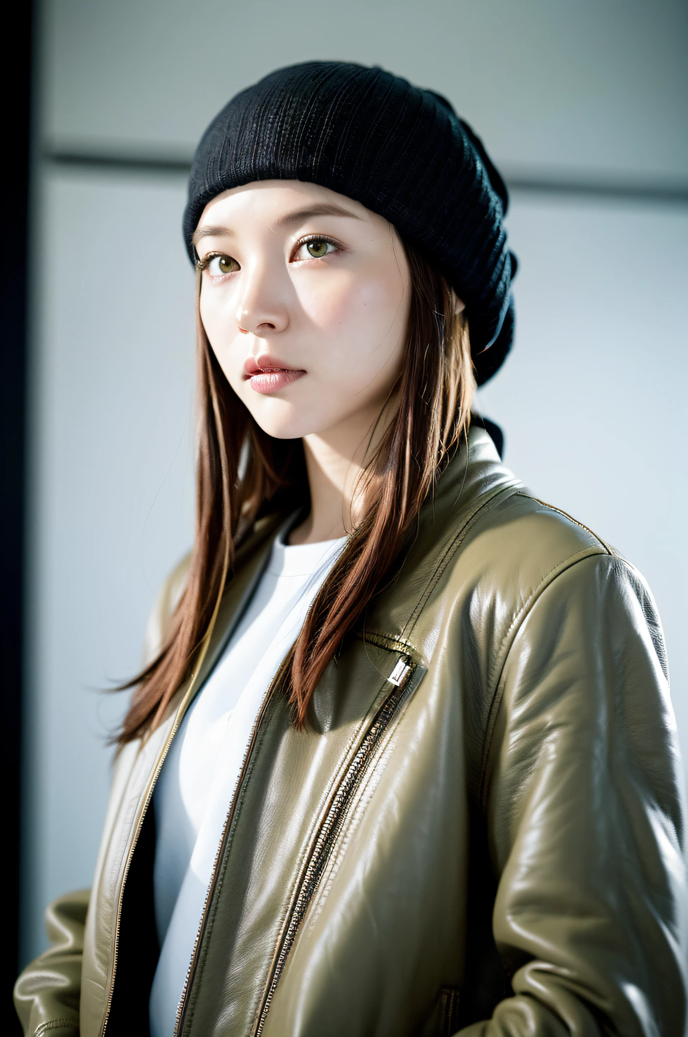 (
(8k:1.27), best quality, masterpiece, ultra highres:1.2) Photo of Pretty Japanese woman
(beautiful:1.1) (sci-fi warrior woman:1.1) space soldier, (beanie:1.61) (leather jacket:1.21) intricate elegant, fantasy, detailed, ometric by greg rutkowski and alphonse mucha, gradient lighting