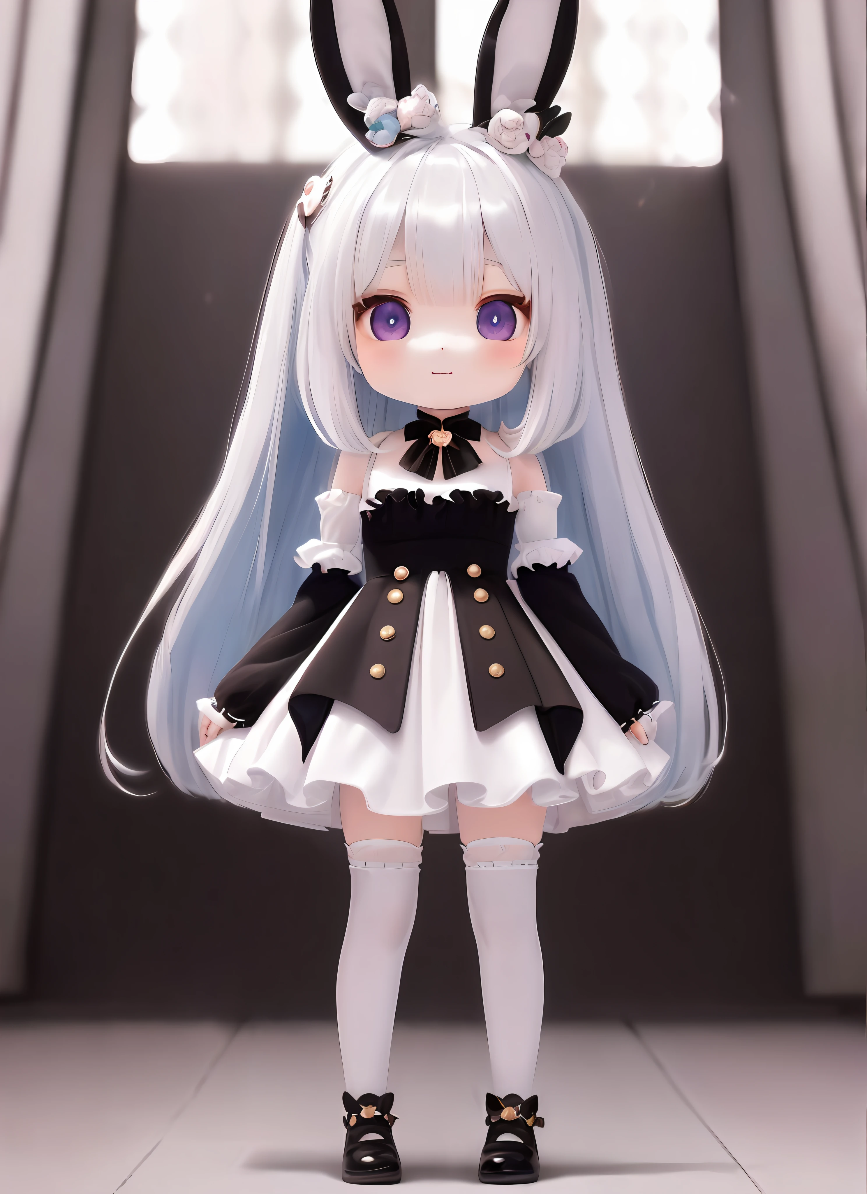 Bunny Morphing Girl, Fluffy, Soft ((Best Quality)), ((Masterpiece)), ( Extreme Detail, Supreme Detail, Official Art, Beauty and Aesthetics:1.2), Depth of Field, Composition, Full Body, (Chibi), Clean Background, (Beautiful and Detailed Eyes: 1.3), (Very Happy:1)