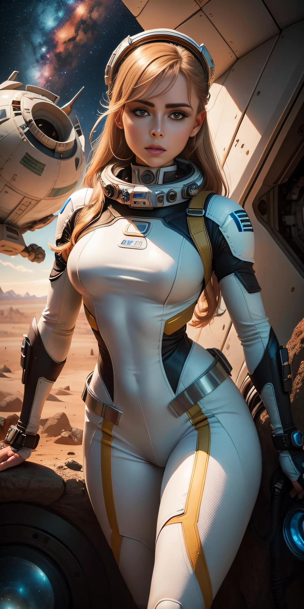 A woman in a spacesuit wearing a spacesuit with a space cap standing, next to a crashed sci-fi spaceship, art trends, realistic female faces, delicate and good-looking faces, matte art, single yellow, looks a bit like Amy Adams, red desert Mars, Kylie Minogue as Barbarella, Ian Hubert's style, map Patreon, 70s colors, valerian grass, teethless, crashed spaceship in the background sky, body part is mecha,
