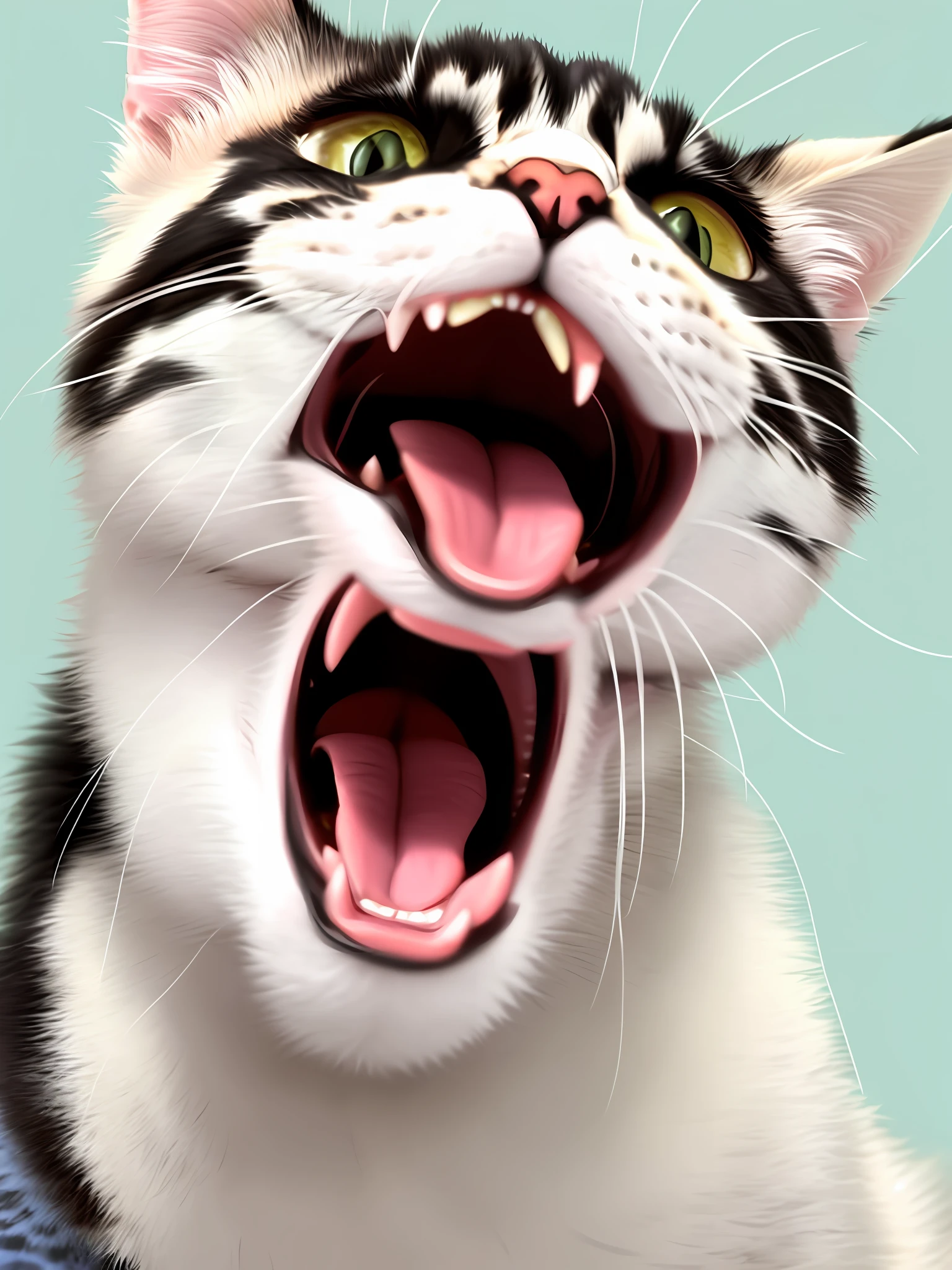 There's a cat that's yawning on a blanket, happy with its mouth open, screaming at the camera, mocking the camera, close-up. mouth open, tongue out, silly cute face, he's screaming, mouth open, smileeeeeee, ;mouth open, cat is smiling, open-mouthed, she has a beautiful expressive face