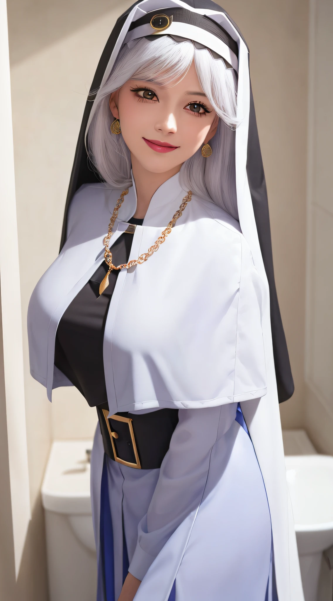 standing inside bathroom, smile, necklace, earrings, full body, long white hair, nun uniform, superb, ultra-high-definition, RAW photo, realism: 1.25), (bright lip gloss, long eyelashes, smooth face, bright skin, natural shadows, wide light, wide light, depth of field, strong colors, subtle caustics: 0.8), smile, (big tits), v6