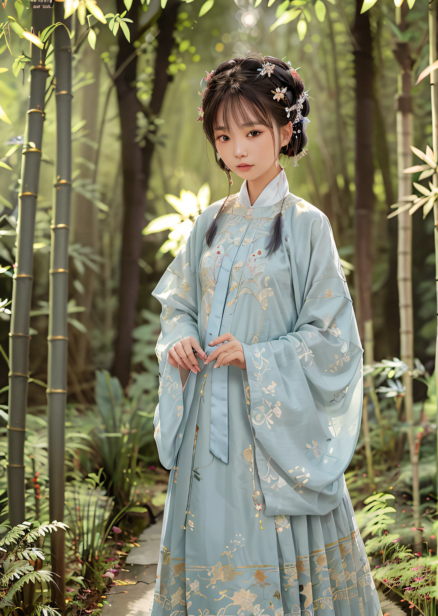 As a photographer, I would capture the sense of wonder and adventure of a young woman dressed in a beautiful Hanfu, exploring a serene bamboo forest. The scene is set against a backdrop of tall bamboo stalks and lush greenery, with the girl standing out as a vision of grace and beauty.The girl is dressed in a flowing Hanfu, with intricate embroidery and delicate details that add to the sense of elegance and sophistication. She walks with a sense of curiosity and wonder, her eyes scanning the forest for new discoveries and adventures. The soft rustling of the bamboo leaves and the gentle breeze add to the sense of tranquility and peace. closeup shot