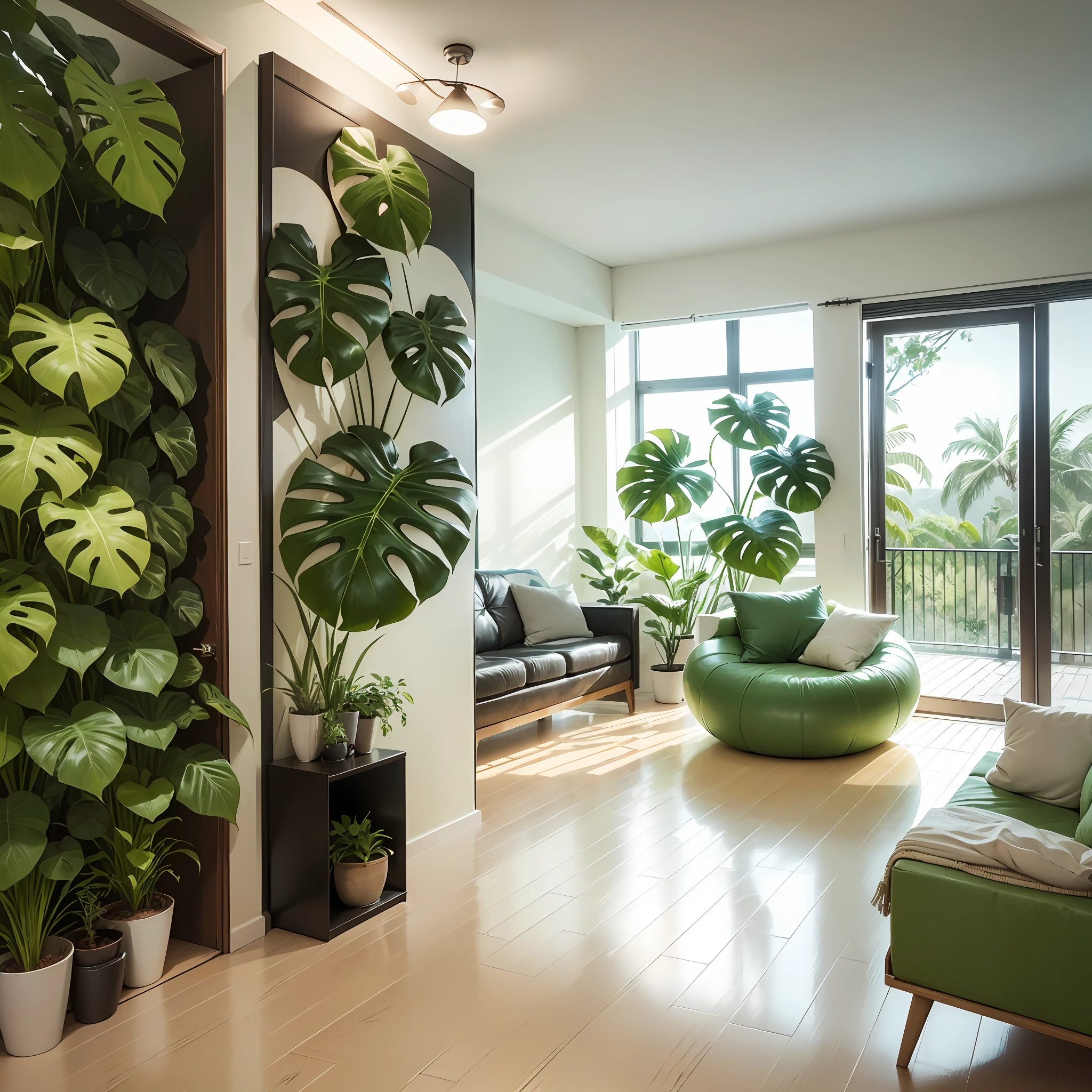 The modern and simple living room is equipped with an air purifier with green monstera leaves, and the fresh and comfortable atmosphere overflows. --auto --s2