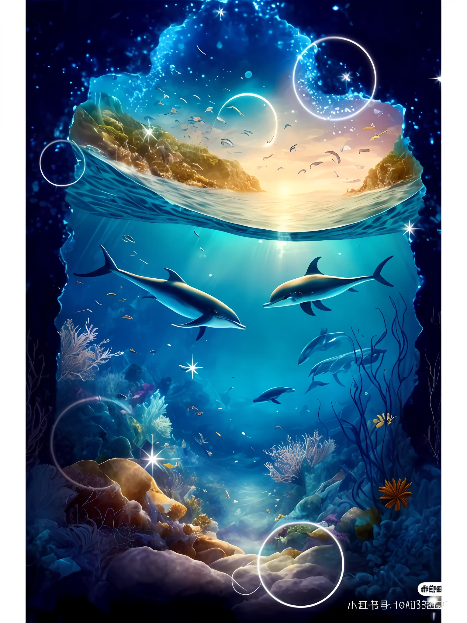 dolphins swimming in the ocean under a bright blue sky, magical ocean, amazing depth, incredible depth, under water scenery, deep sea landscape, beautiful dreamy breathtaking, fantasy sea landscape, dolphins swimming, underwater scene, under the ocean, fantastically beautiful, the stars are fish in the depths, amazing wallpaper, in the deep, in the sea, underwater scenery, dolphins