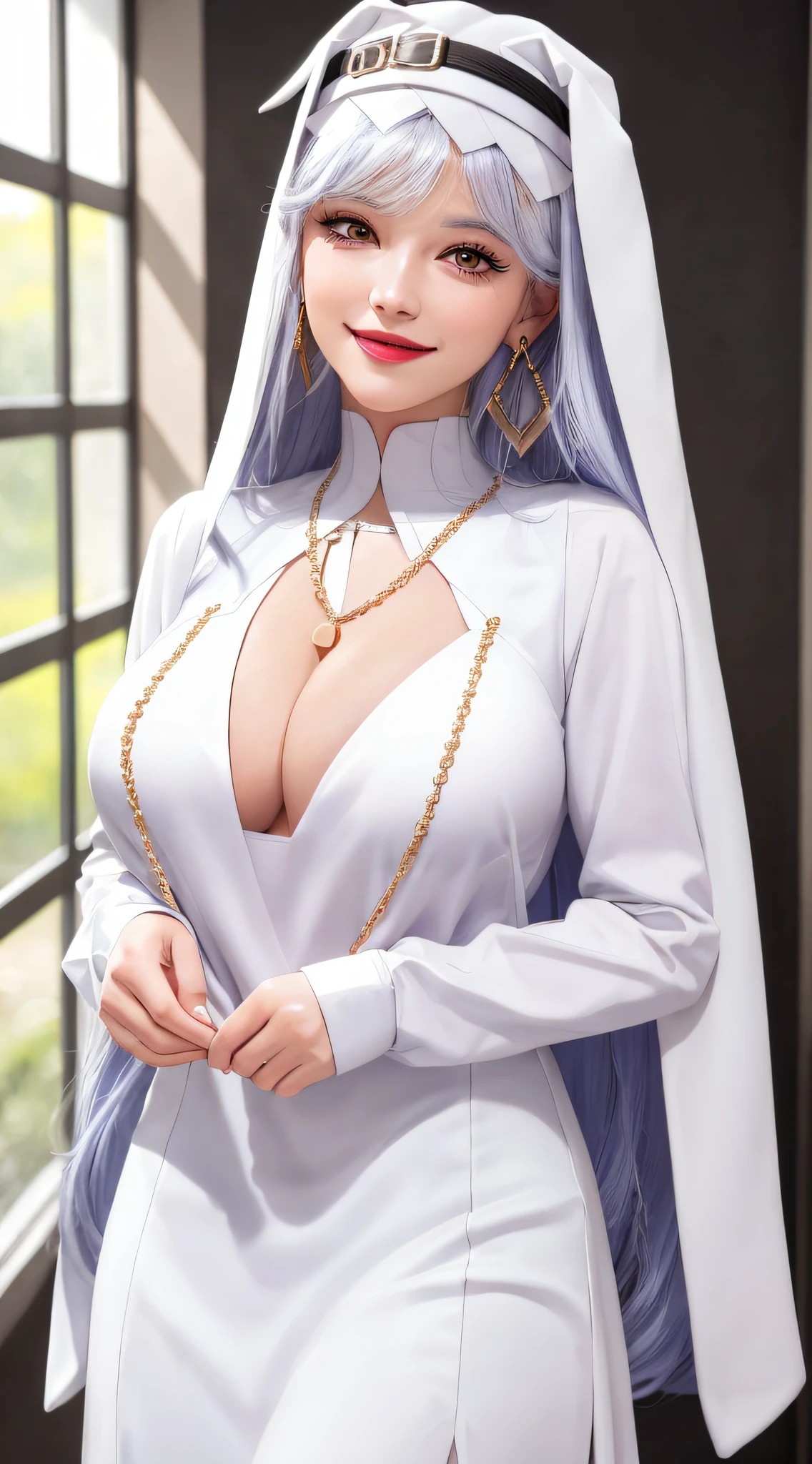 standing inside bathroom, smile, necklace, earrings, full body, long white hair, nun dress, superb, ultra-high-definition, RAW photo, realism: 1.25), (bright lip gloss, long eyelashes, smooth face, bright skin, natural shadows, wide light, wide light, depth of field, strong colors, subtle caustics: 0.8), smile, (big tits), v6