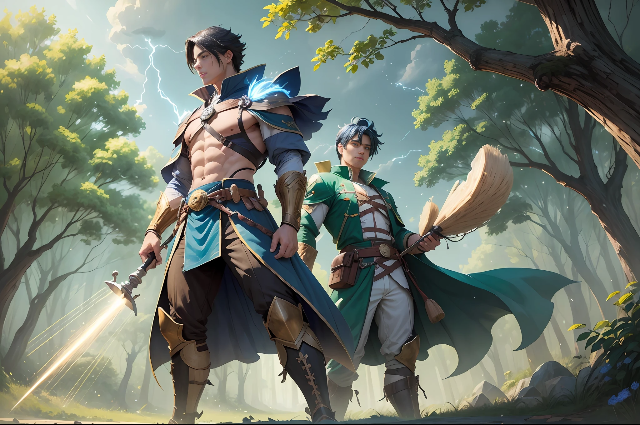 (Two male woodcutters in ancient costumes: 1.5,), with blue and black lightning particles emitting from the body, with towering trees as the background, full body, ultra-wide angle, clear HD, 8K resolution, digital painting, concept art, Shinkai Makoto style, POP trend, Pixiv trend.