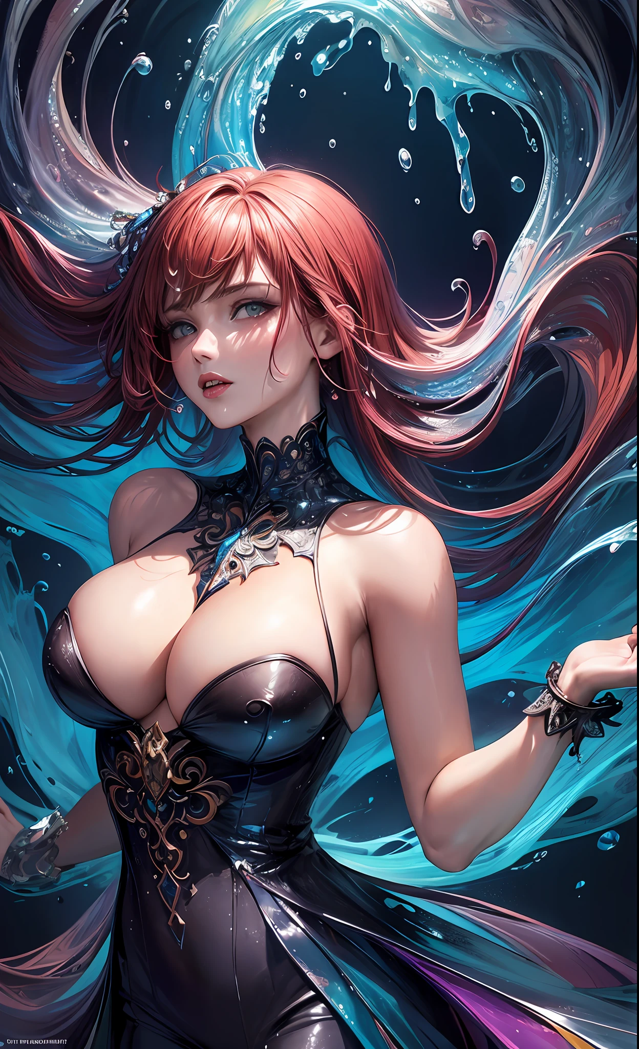 (masterpiece, top quality, best quality, official art, beautiful and aesthetic:1.2), (1 woman:1.3), ((upper body)),extremely detailed,(water splash art:1.4),(colorful:1.1),highest detailed, (seductive pose), (abstract background:1.5), (seductive dress:1.4),((cleavage)), (shiny skin), (many colors:1.3),