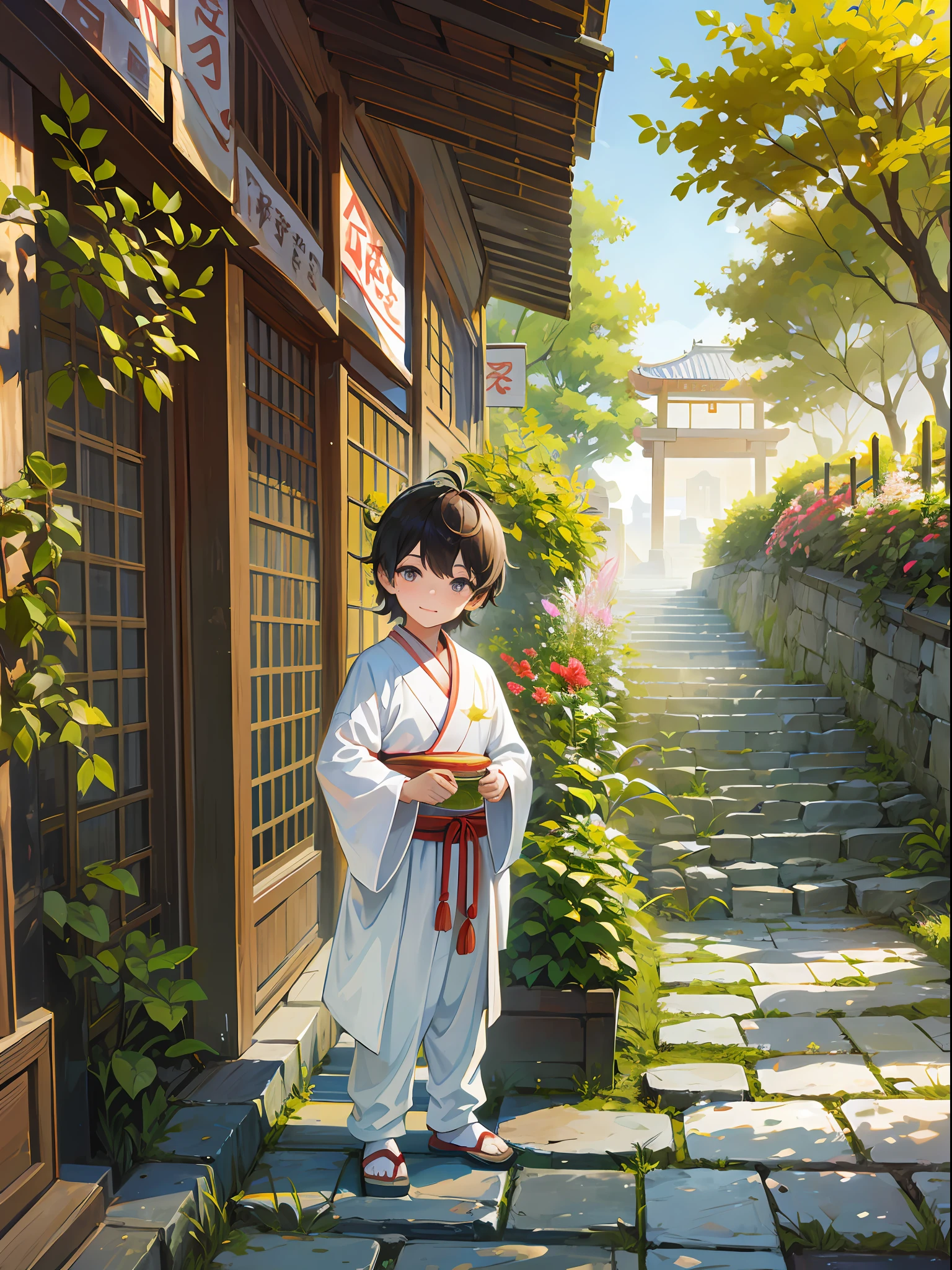 A little boy dressed in ancient Han clothes, he is smiling, looking at the camera, in the ancient background, is a full-body photo. The background of the whole picture may be a landscape, a garden or an ancient city, which add more history and culture to the little boy.
The colors of the picture are dominated by rustic and elegant tones, creating an ancient and idyllic atmosphere. This little boy's Hanfu is very gorgeous and delicate, but his face is bright and sunny, revealing a kind of innocence and innocence.