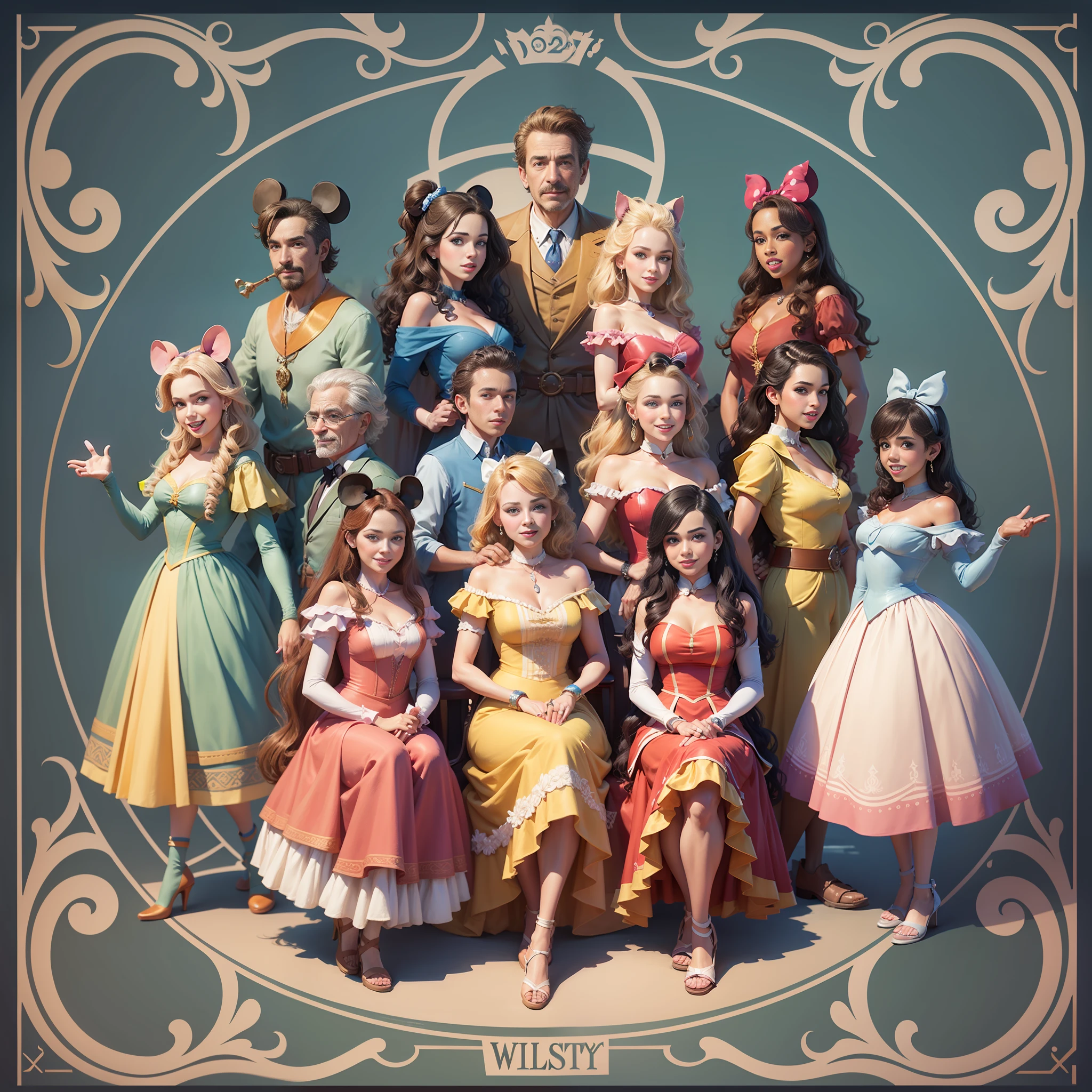 Disney cast group photo, Disney style, Walt Disney World, Disney rendering,