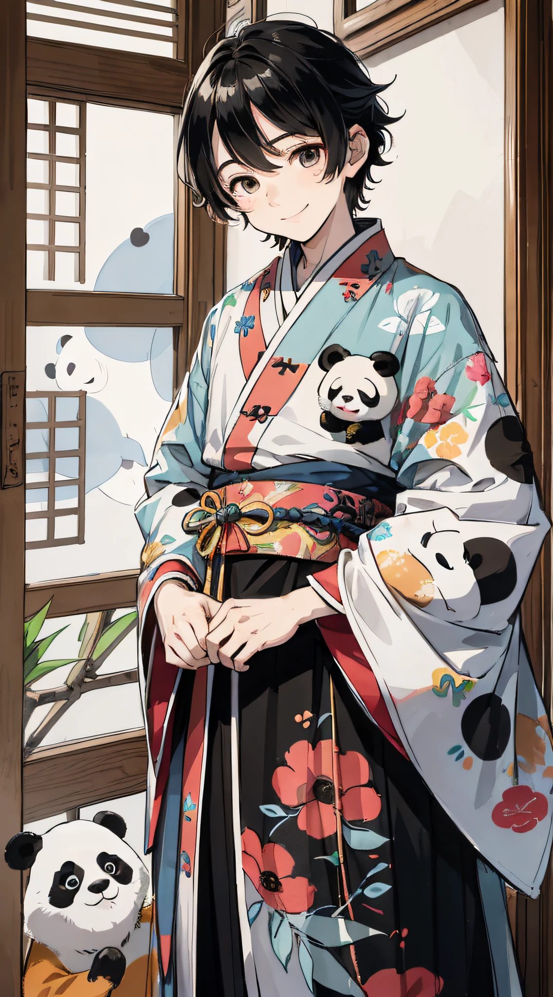 absurdres, highres, ultra detailed, (1boy:1.3), hand drawn, simple line, 16yo boy in colorful Hanfu, lovely boy, masterpiece, (with a big panda), happy, smile