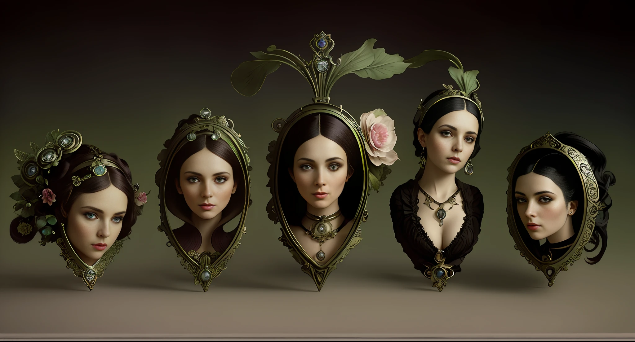 a close up of a group of pictures of women with different hair styles, tom bagshaw weta studio, fantasy victorian art, hyperrealistic art nouveau, natalie shau tom bagshaw, tom bagshaw style, detailed 3d gothic oil painting, artstyle tom bagshaw, triad of muses, style of tom bagshaw, natalie shau, benjamin lacombe, 3 heads