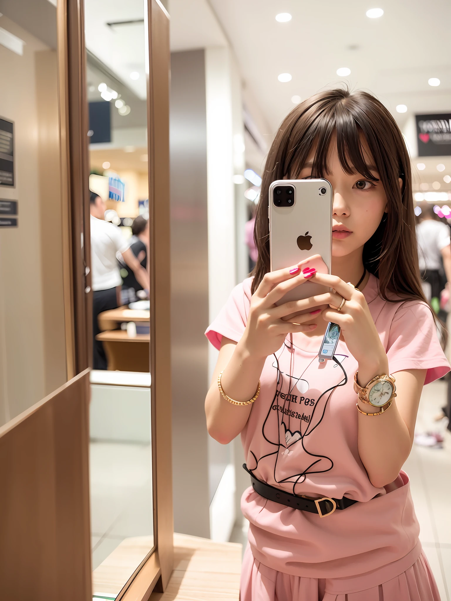 there is a girl taking a picture of herself in the mirror, in a mall, checking her phone, with apple, mirror selfie, at a mall, selfie, :3, inspired by Abidin Dino, checking her cell phone, taken with the best dlsr camera, cute:2, iphone picture, high quality picture, chibi, , Super detailed picture, highres,4k,wear pink clothes
