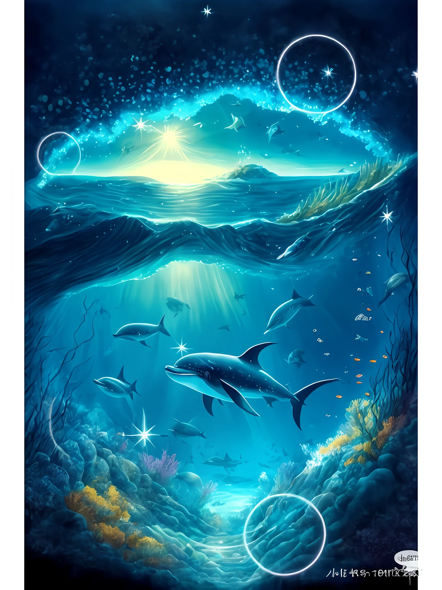 a painting of a group of dolphins swimming under a blue ocean, magical ocean, amazing depth, deep sea landscape, incredible depth, fantasy sea landscape, the stars are fish in the depths, under water scenery, under the ocean, undersea, in the deep, masterpieceunderwater scene, underwater scene, underwater glow, under the sea, underwater world