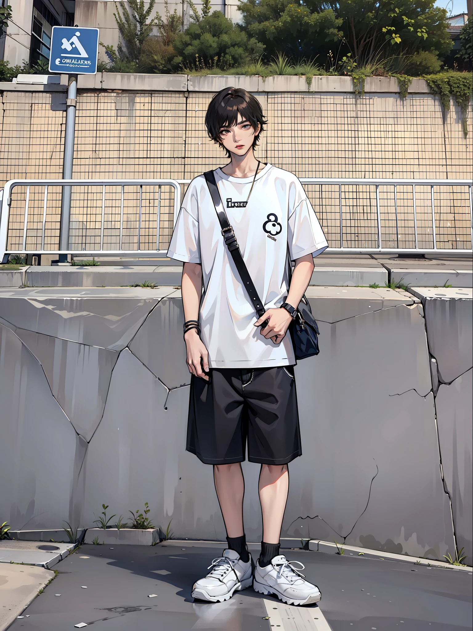 boy, vertical painting, natural light, global light, front view, fashion, pattern, fashion, trendy brand, tank top, cool, suspenders, zippers, buttons, pattern, logo, pleats, jeans, belt, sophisticated, sequins, sparkle, generate more details, t-shirt, trousers, handbag, shiny,, modern, anime style, anime, modern, futuristic, first-person perspective, panorama, concept art, uhd, masterpiece, ccurate, super detail, high detail, high quality, best quality, High resolution, no background, white background
