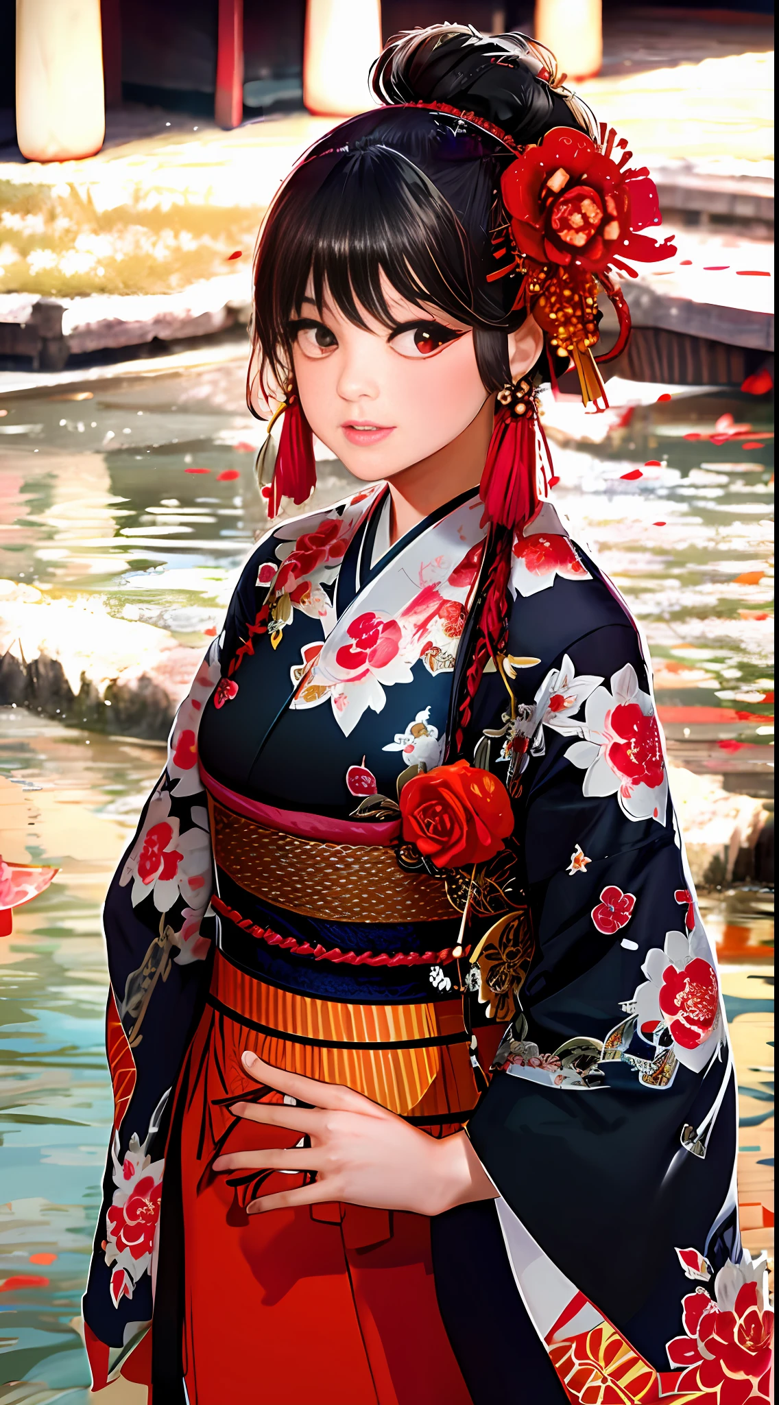 sinsya, japanese clothes, hair ornament, kimono, red eyes, hair flower, lantern, black hair, paper lantern, looking at viewer, bangs, floral print, red flower, red kimono, 1girl, wide sleeves, architecture, east asian architecture, long sleeves, upper body, outdoors, tassel