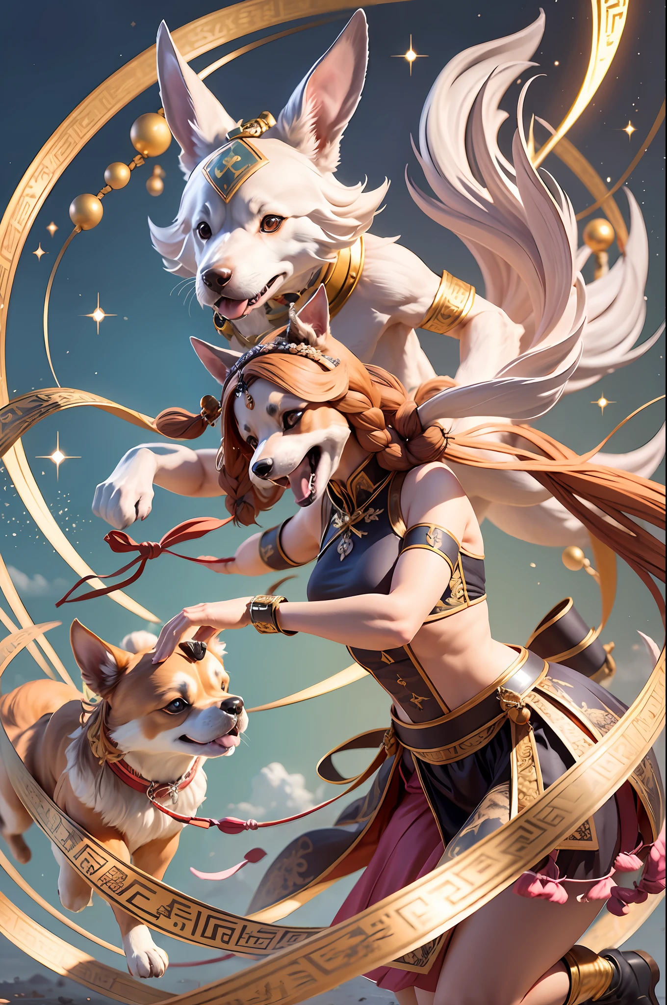 the dog, anthroppomorphic, Taoist spells, cultivating immortals, The background is grand, Two dogs fighting method, braided ponytail, ribbon, sparkle, Surrealism, UHD