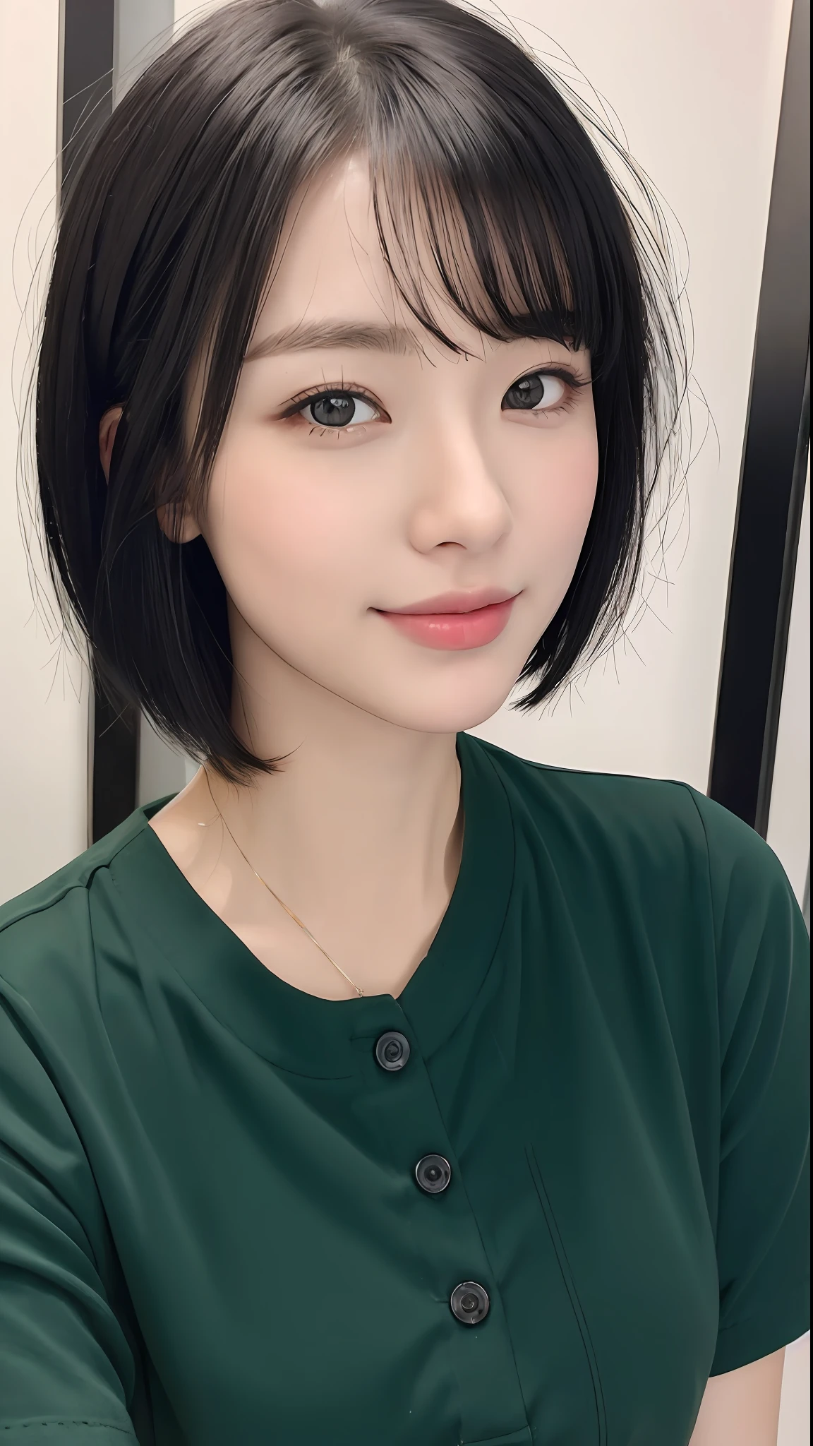 (Masterpiece:1.3), (8K, realistic, RAW photo, best quality: 1.4), Qingdao beauty, beautiful face, (realistic face), (black hair, short hair:1.3), beautiful hairstyle, realistic eyes, beautiful detailed eyes, (realistic skin), beautiful skin, attractive, ultra hd, ultra-realistic, high detail, look at the bystander, smile, open green shirt, middle chest, stand,