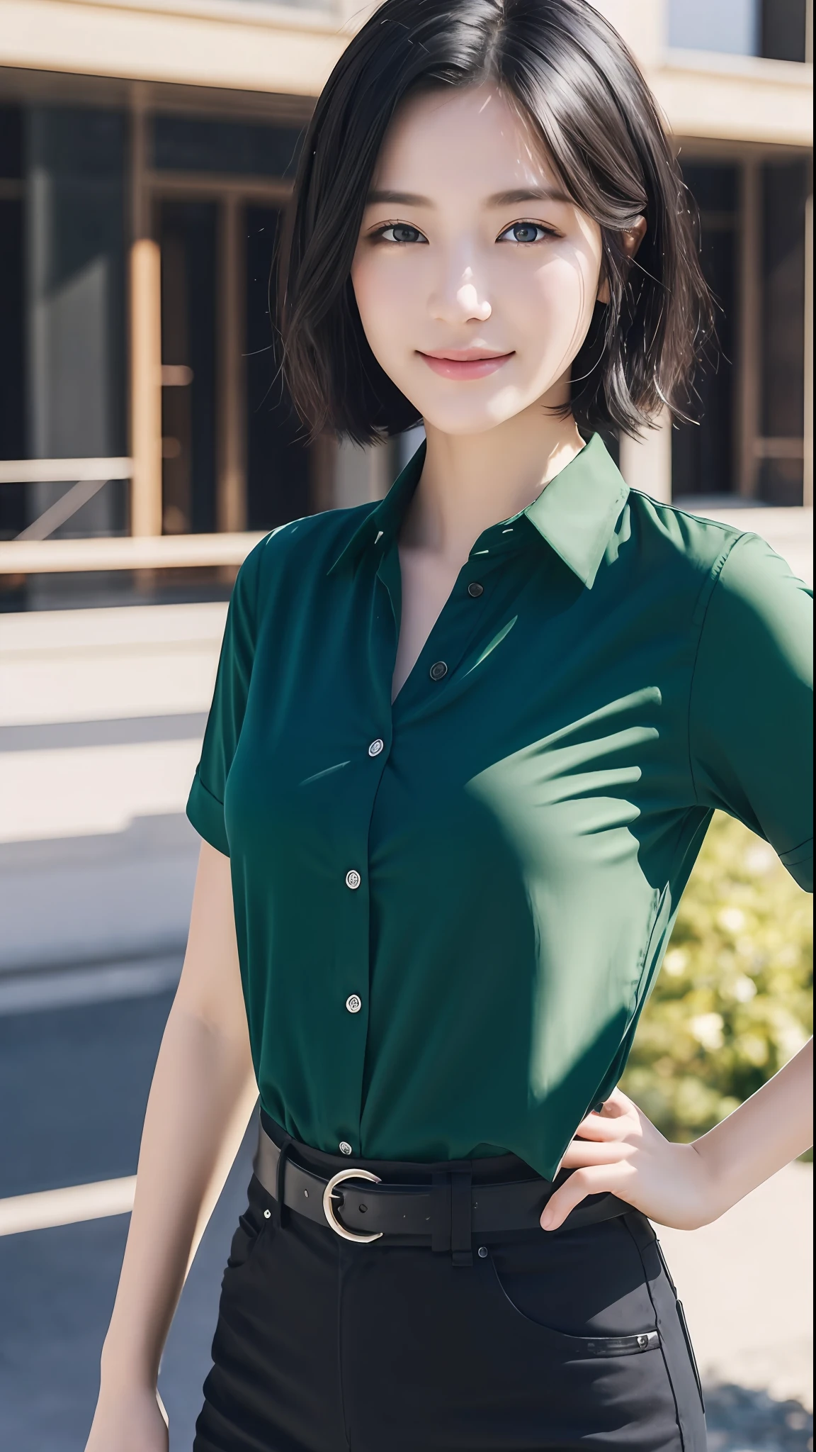 (Masterpiece:1.3), (8K, realistic, RAW photo, best quality: 1.4), Qingdao beauty, beautiful face, (realistic face), (black hair, short hair:1.3), beautiful hairstyle, realistic eyes, beautiful detailed eyes, (realistic skin), beautiful skin, attractive, ultra hd, ultra-realistic, high detail, look at the bystander, smile, open green shirt, middle chest, stand,