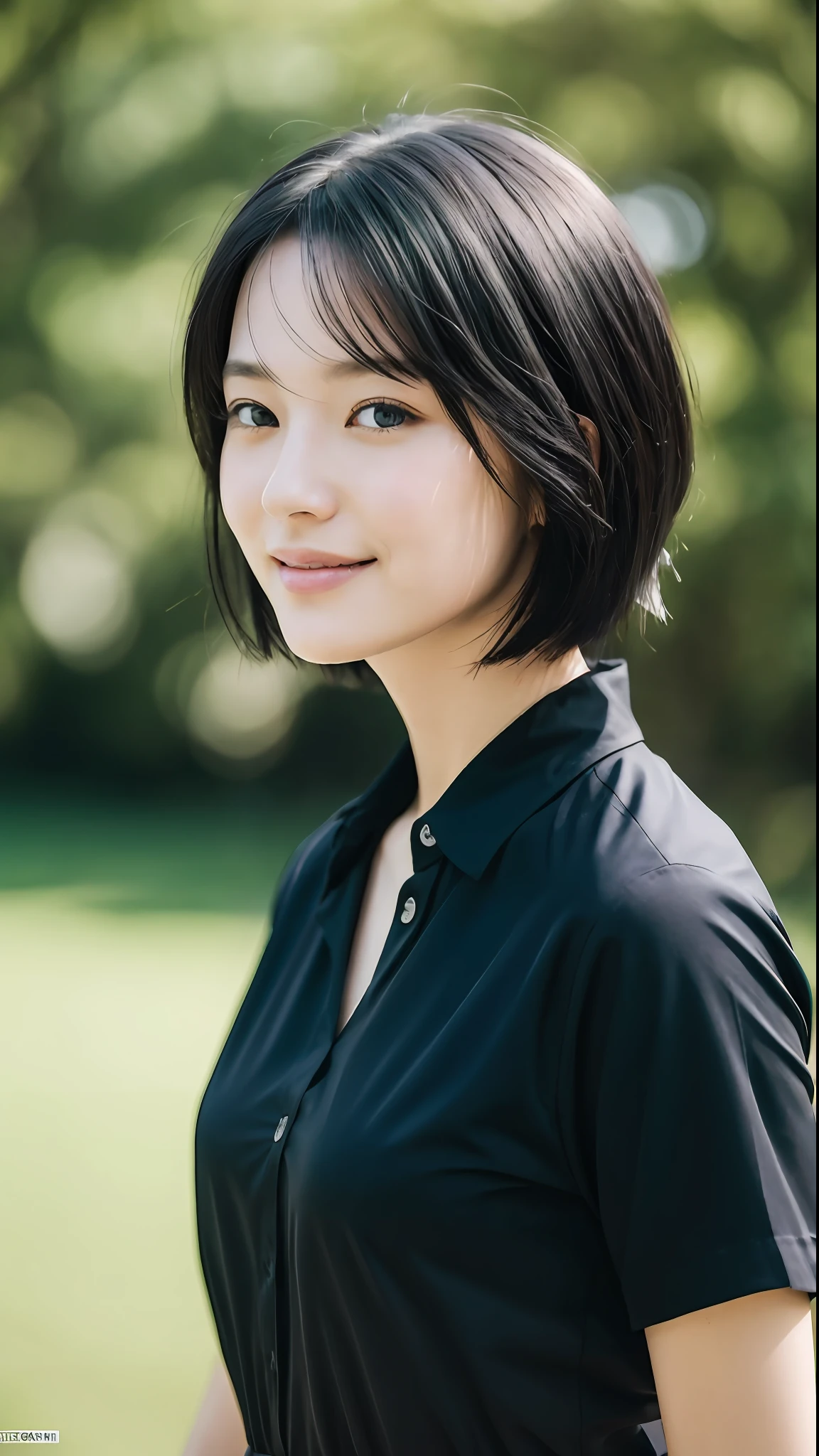 (Masterpiece:1.3), (8K, realistic, RAW photo, best quality: 1.4), Qingdao beauty, beautiful face, (realistic face), (black hair, short hair:1.3), beautiful hairstyle, realistic eyes, beautiful detailed eyes, (realistic skin), beautiful skin, attractive, ultra hd, ultra-realistic, high detail, look at the bystander, smile, open green shirt, middle chest, stand,
