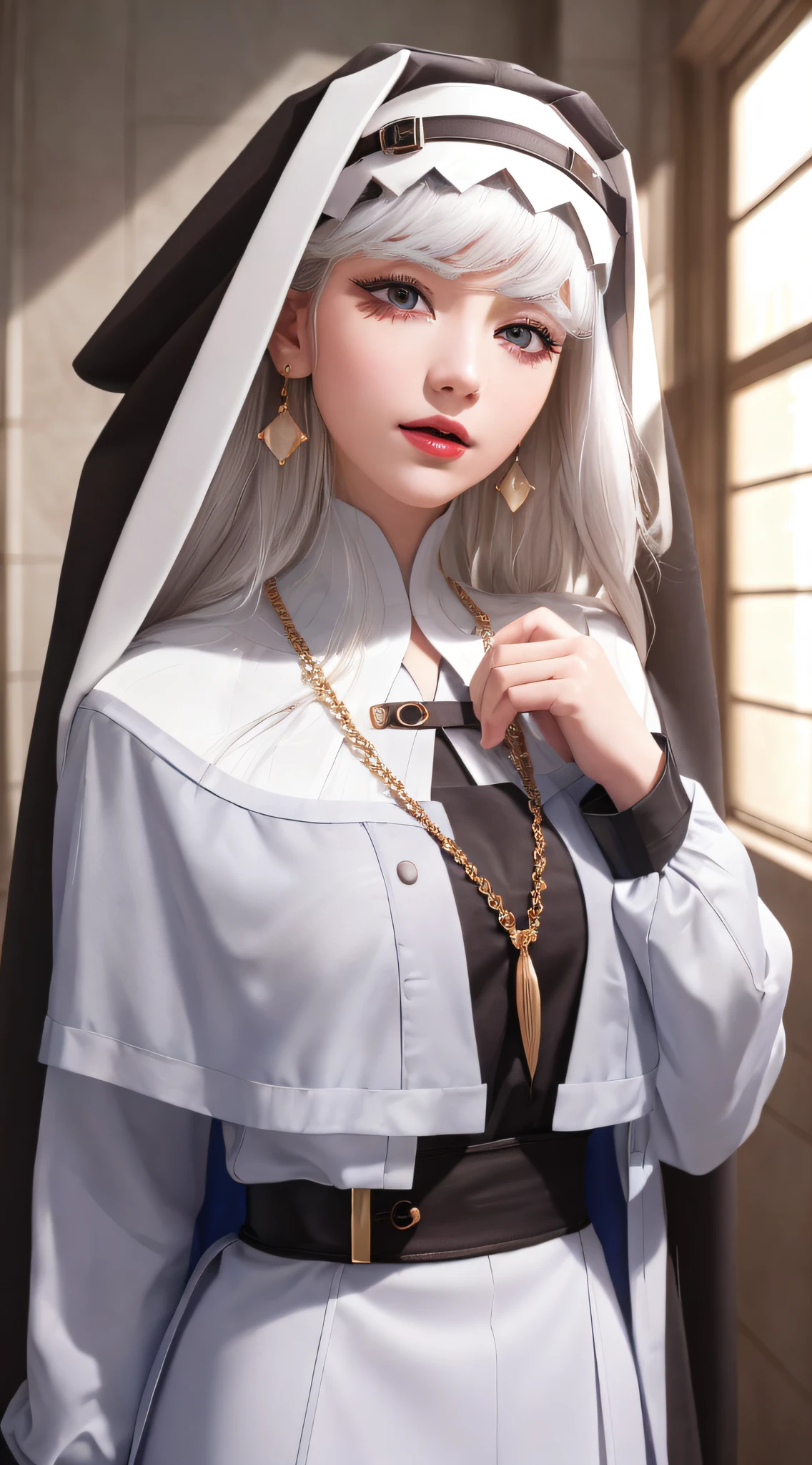 standing inside bathroom, aroused, necklace, earrings, full body, long white hair, nun dress, superb, ultra-high-definition, RAW photo, realism: 1.25), (bright lip gloss, long eyelashes, smooth face, bright skin, natural shadows, wide light, wide light, depth of field, strong colors, subtle caustics: 0.8), smile, (big tits), v6