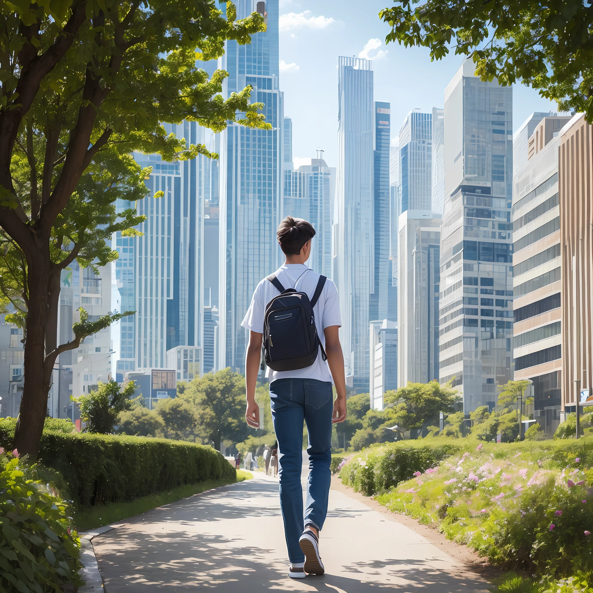 A young and tall male high school student, walking the path of the future city, surrounded by a public environment with excellent greenery, and not far away are uniquely designed high-rise buildings