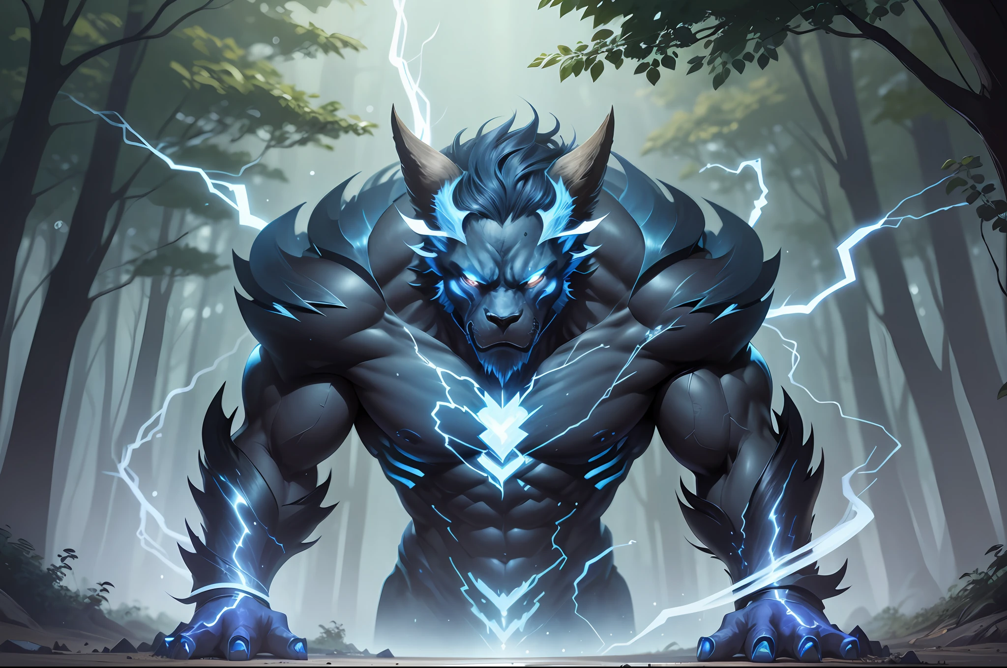 (Beast: 1.5,), the body emits blue and black lightning light effect particles, in the forest as the background, full body, ultra-wide angle, clear HD, 8K resolution, digital painting, concept art, Shinkai Makoto style, POP trend, Pixiv trend.