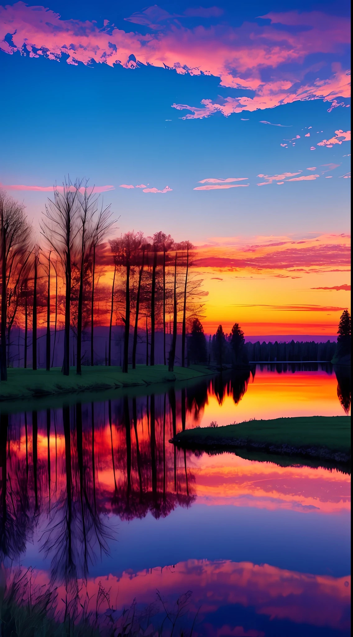 there is a beautiful sunset with a lake and trees in the background, colorful skies, surreal colors, colorful sunset, colorful sky, marvellous reflection of the sky, stunning sky, dream like atmosphere 8k, colorful clouds, colors reflecting on lake, surreal sky, red and blue reflections, fire reflection, beautiful sky, beautiful and spectacular dusk, beautiful dreamy landscape, amazing sky