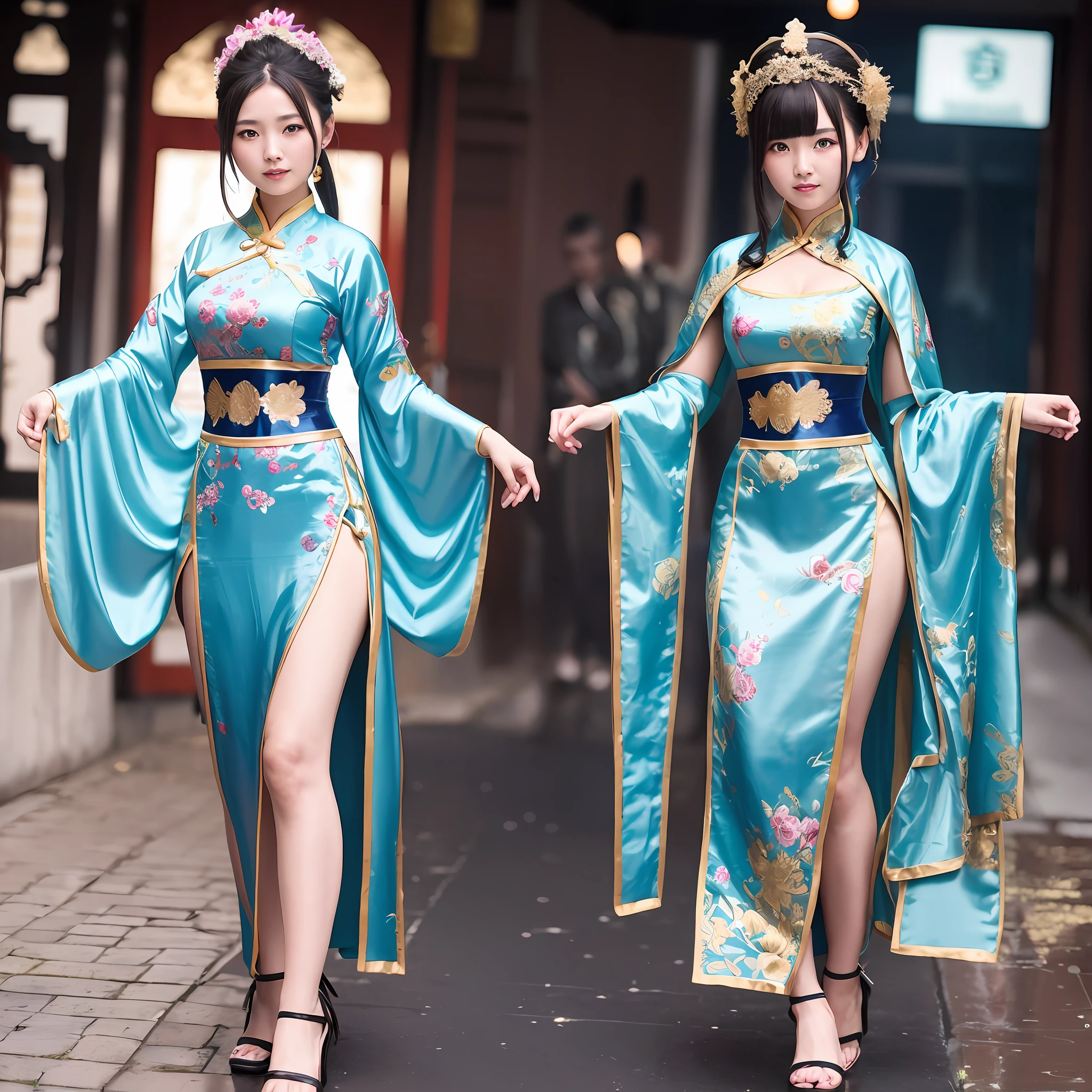 there are two women dressed in asian costumes walking down the street, anime cosplay, anime girl cosplay, chinese costume, wearing ancient chinese clothes, elegant glamourous cosplay, wearing a blue qipao dress, blue robes, traditional chinese clothing, glamourous cosplay, palace ， a girl in hanfu, with acient chinese clothes, beautiful gemini twins, ornate cosplay, chinese style