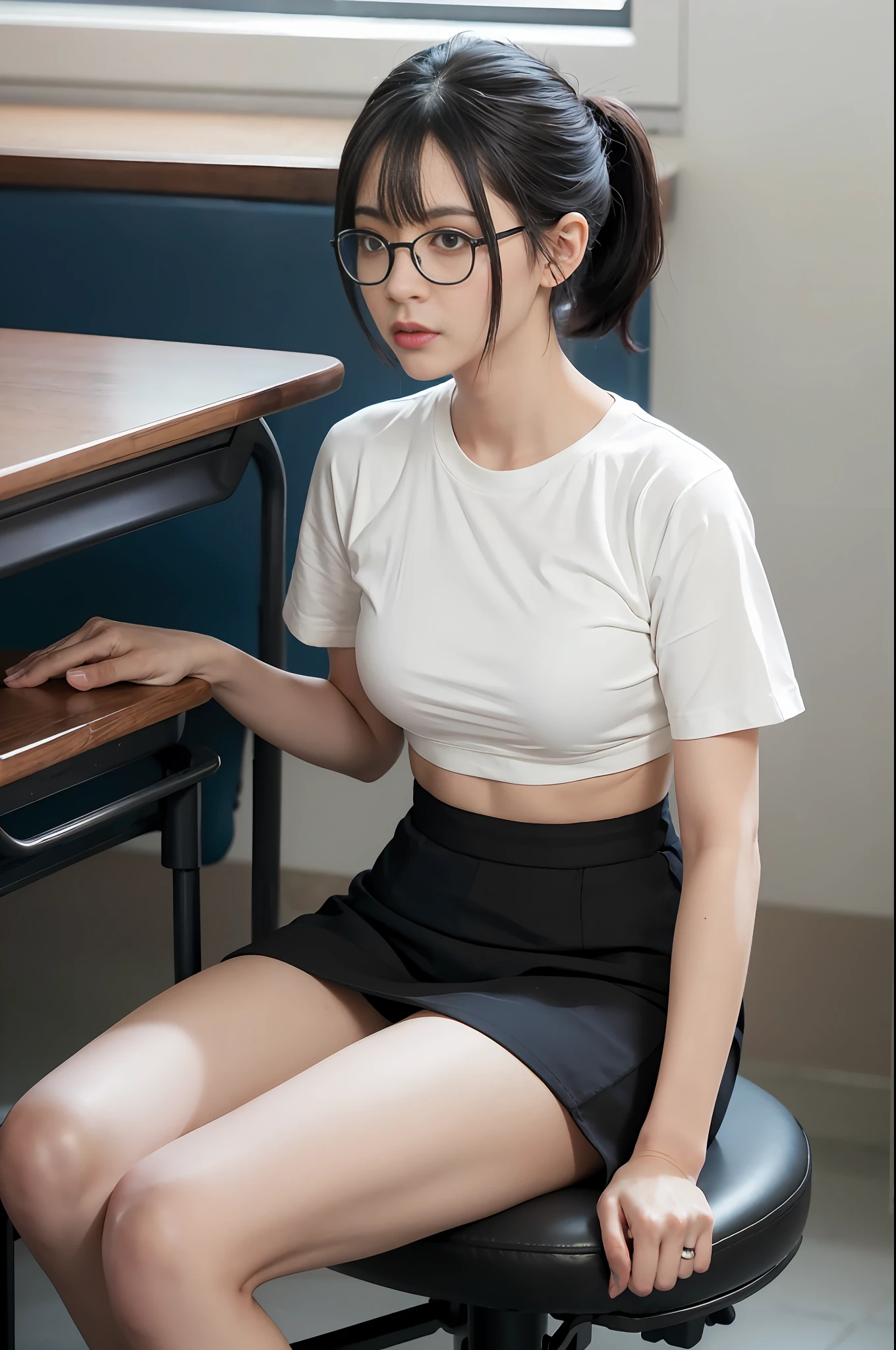 Short black hair tied in a ponytail, pinned light blue hairpin, white skin, Chinese, young, thick eyebrows, black eyes, biting lips, black silk rimmed glasses, tight white T-shirt, small chest, flat chest, small waist, slim waist, black short skirt, white socks, white sneakers, in the classroom, sitting on a chair, realistic, 8k, masterpiece, high resolution