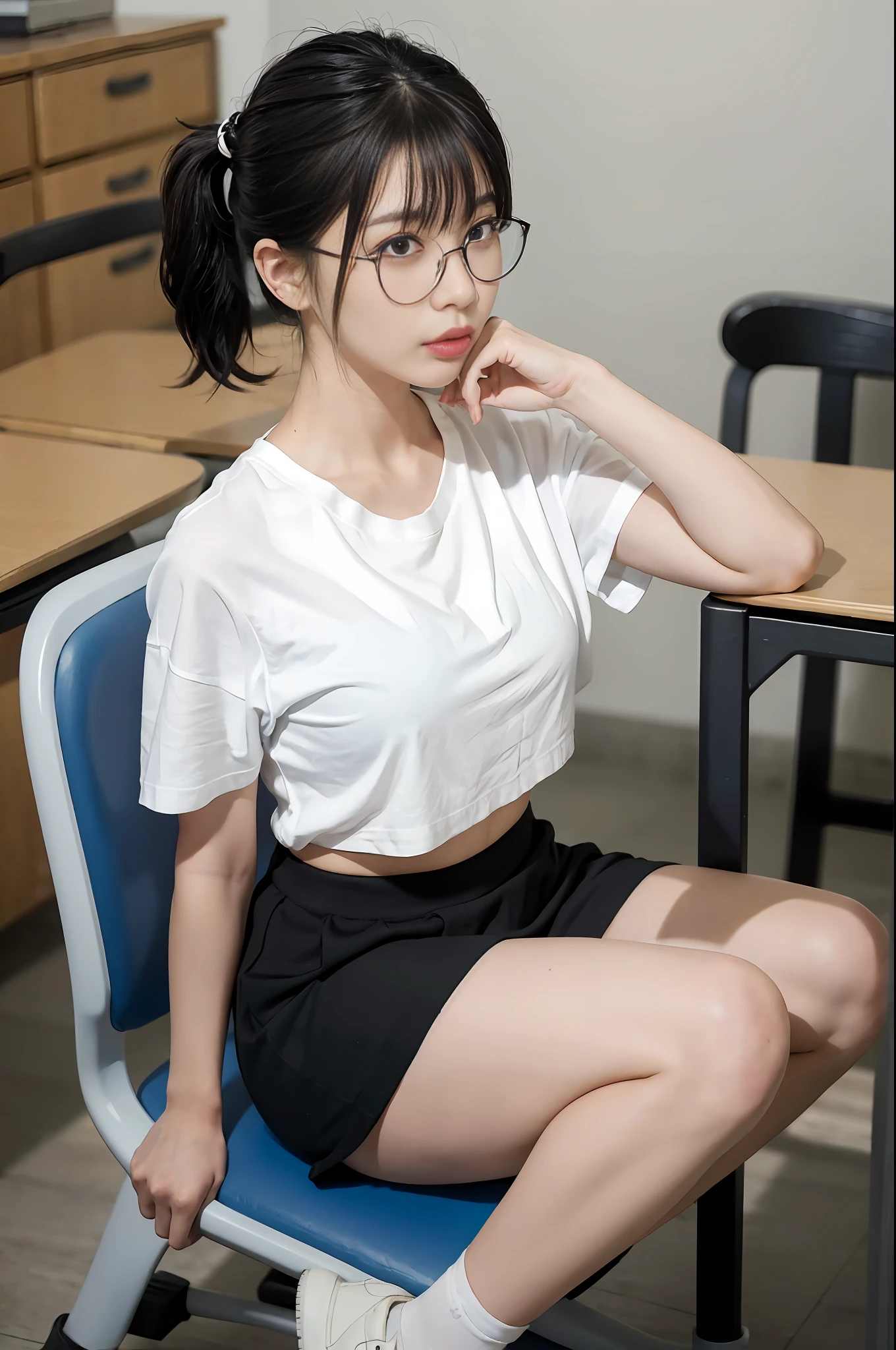 Short black hair tied in a ponytail, pinned light blue hairpin, white skin, Chinese, young, thick eyebrows, black eyes, biting lips, black silk rimmed glasses, tight white T-shirt, small chest, flat chest, small waist, slim waist, black short skirt, white socks, white sneakers, in the classroom, sitting on a chair, realistic, 8k, masterpiece, high resolution