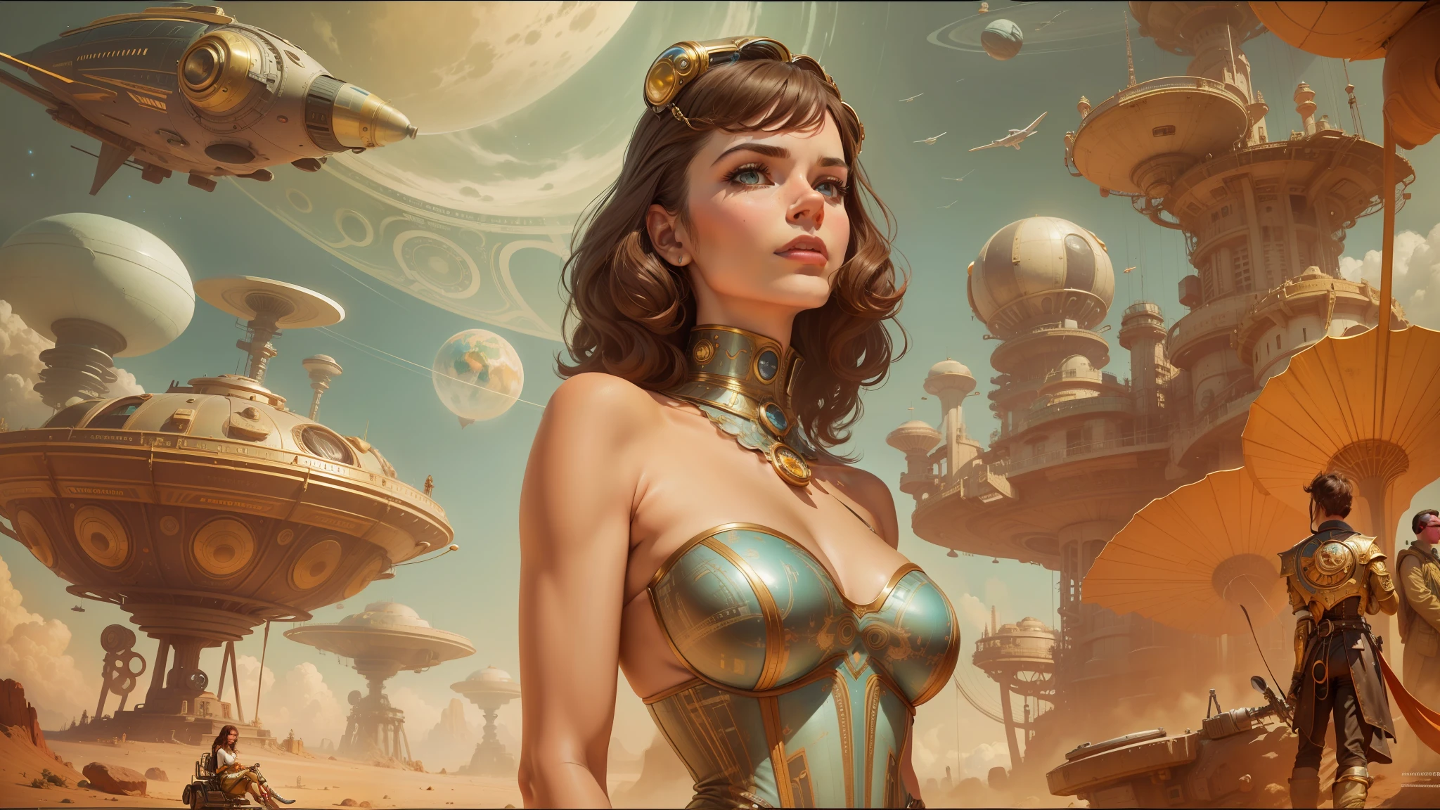 there is a painting of a woman in a corset dress, retrofuturism sci - fi old movie, inspired by Stevan Dohanos, ron cobb, sci - fi : :, cinemascope panorama, by Mark Brooks, barbarella, ornate gilded cosmic machine, on planet jupiter, moog hd, trending on artforum, 2030s --auto --s2