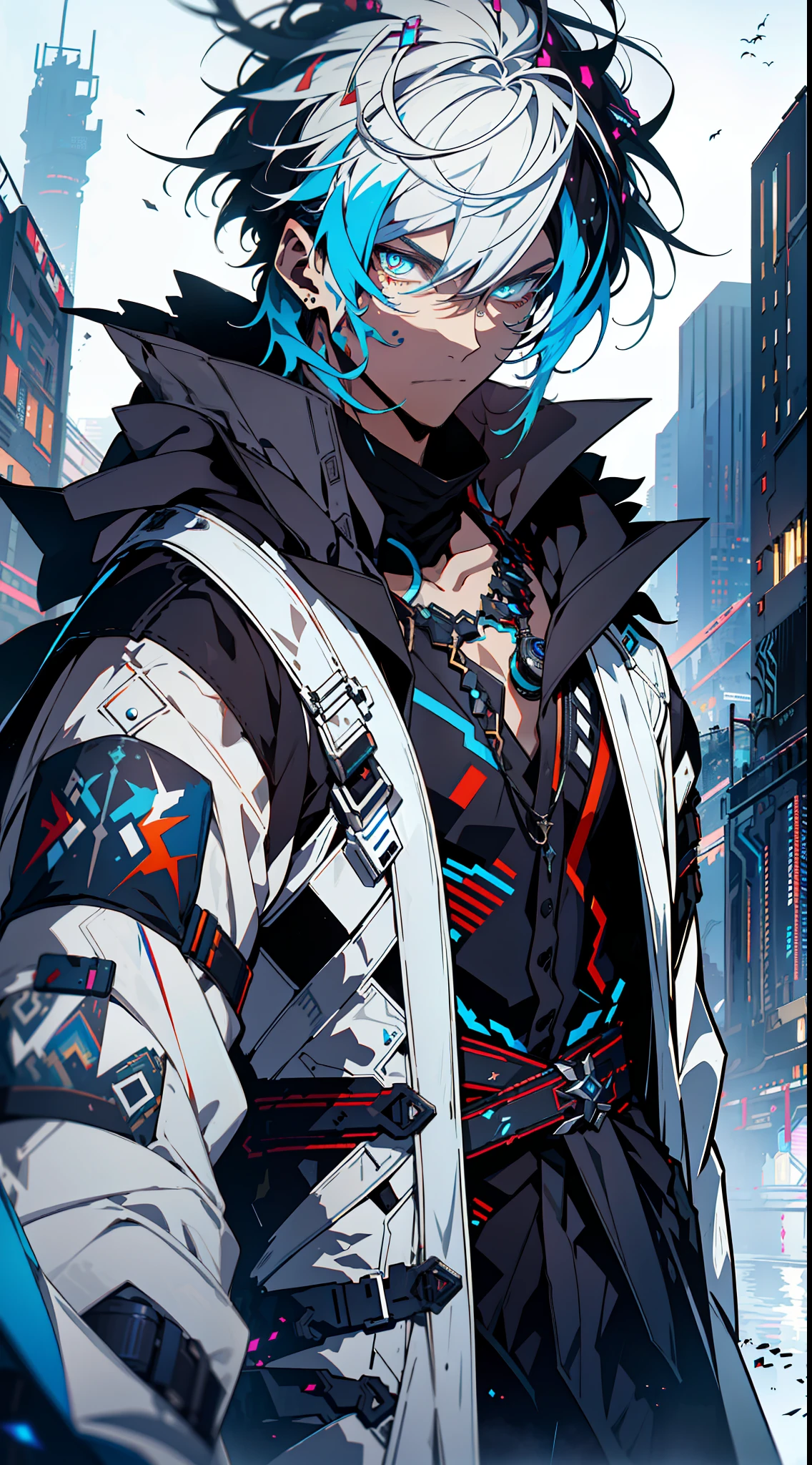 Cyberpunk male, fantasy world, dark background, clean design, epic instagram, artstation, colorful paint splatter, silhouette, hyper detailed intricate details, unreal engine, fantasy, intricate details, splash screen, complementary colors, Fantasy concept art, 8k resolution, deviantart masterpiece, oil painting, heavy strokes, paint dripping, (isolated on white background: 1.3), rainbow skin, (((handsome young man))), ((teenage:1.5) ), (glowing blue eyes), ((light eyes)), ((((short white hair: 1.1))), ((black clothes)), (prince\\(indifferent expression\\),, ( ((Wears high detail luxurious black robe))), white hair, frost magic, ((chest) --v 6