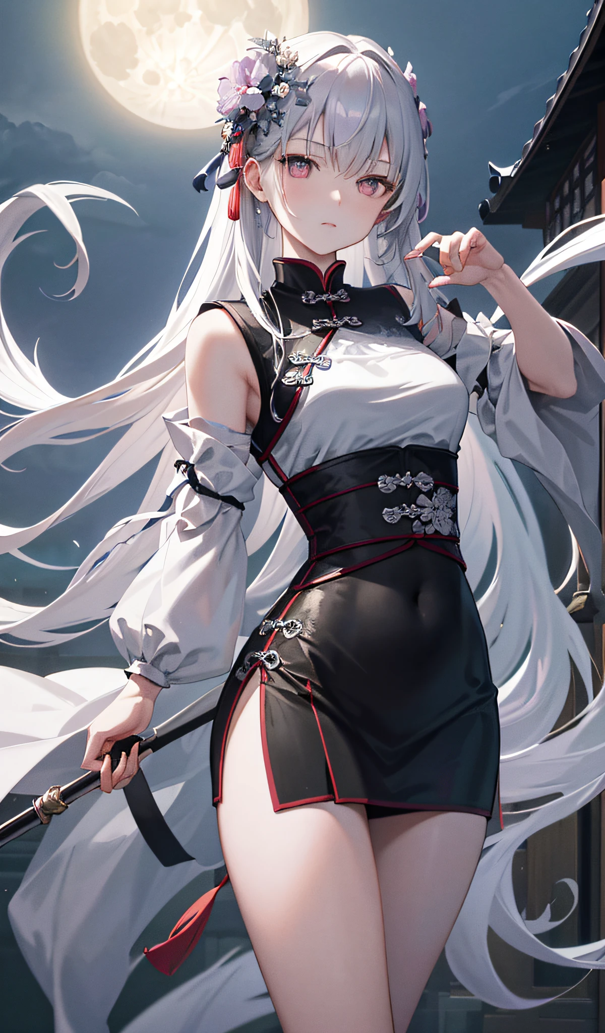 Masterpiece, Best, Night, Full Moon, 1 Female, Mature Woman, Chinese Style, Ancient China, Elder Sister, Royal Sister, Cold Face, Expressionless, Silver White Long Haired Woman, Pale Pink Lips, Calm, Intellectual, Three Belts, Gray Hitomi, assassin, dagger, flower ball background, street view